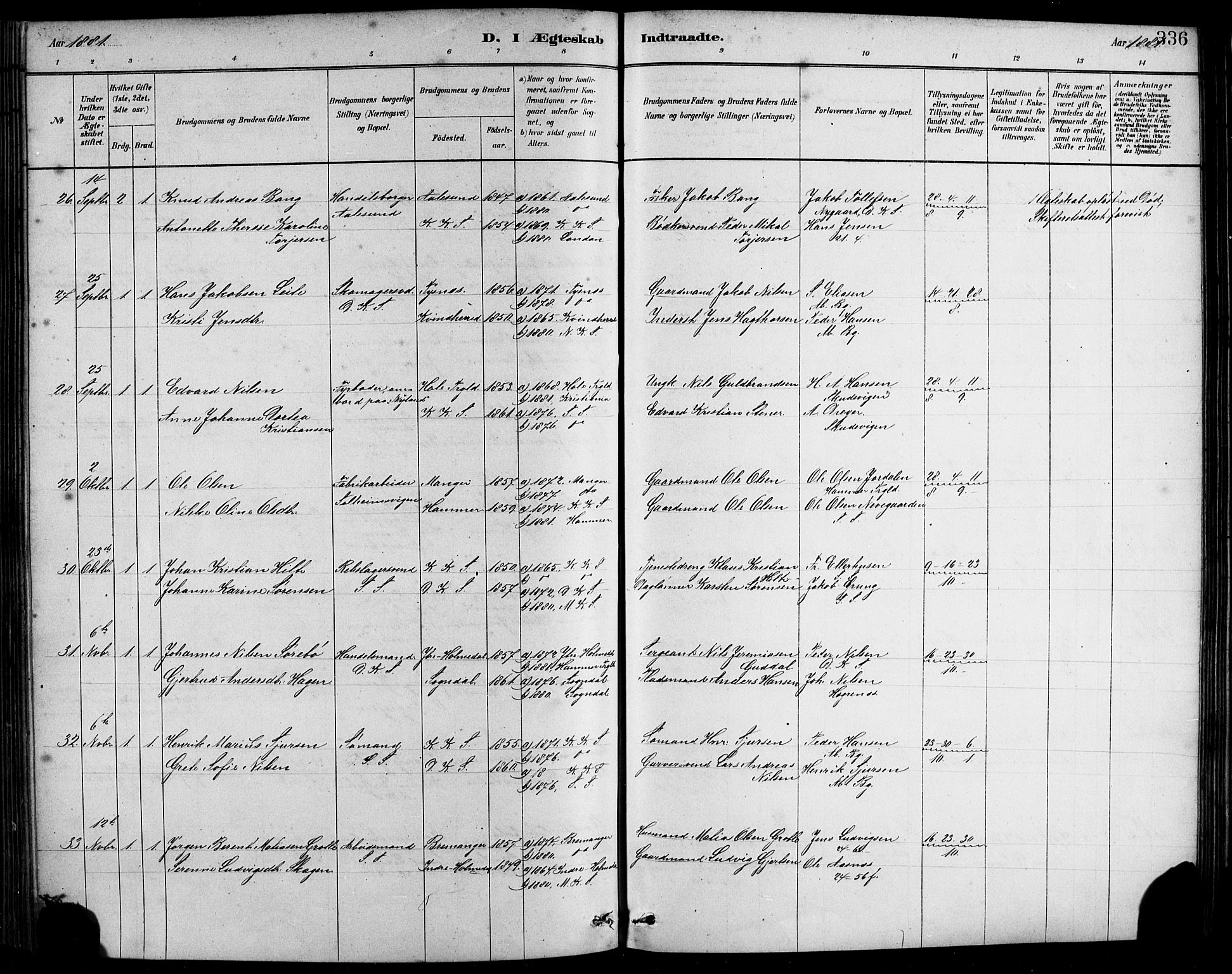 Sandviken Sokneprestembete, AV/SAB-A-77601/H/Hb/L0001: Parish register (copy) no. A 2, 1879-1892, p. 336