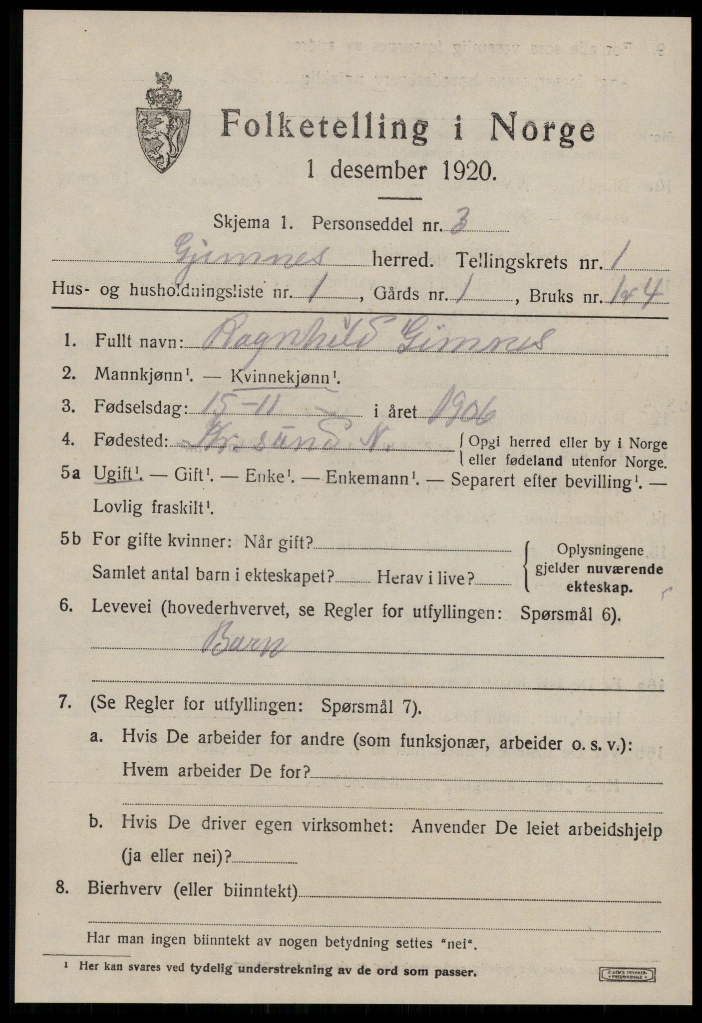 SAT, 1920 census for Gjemnes, 1920, p. 326