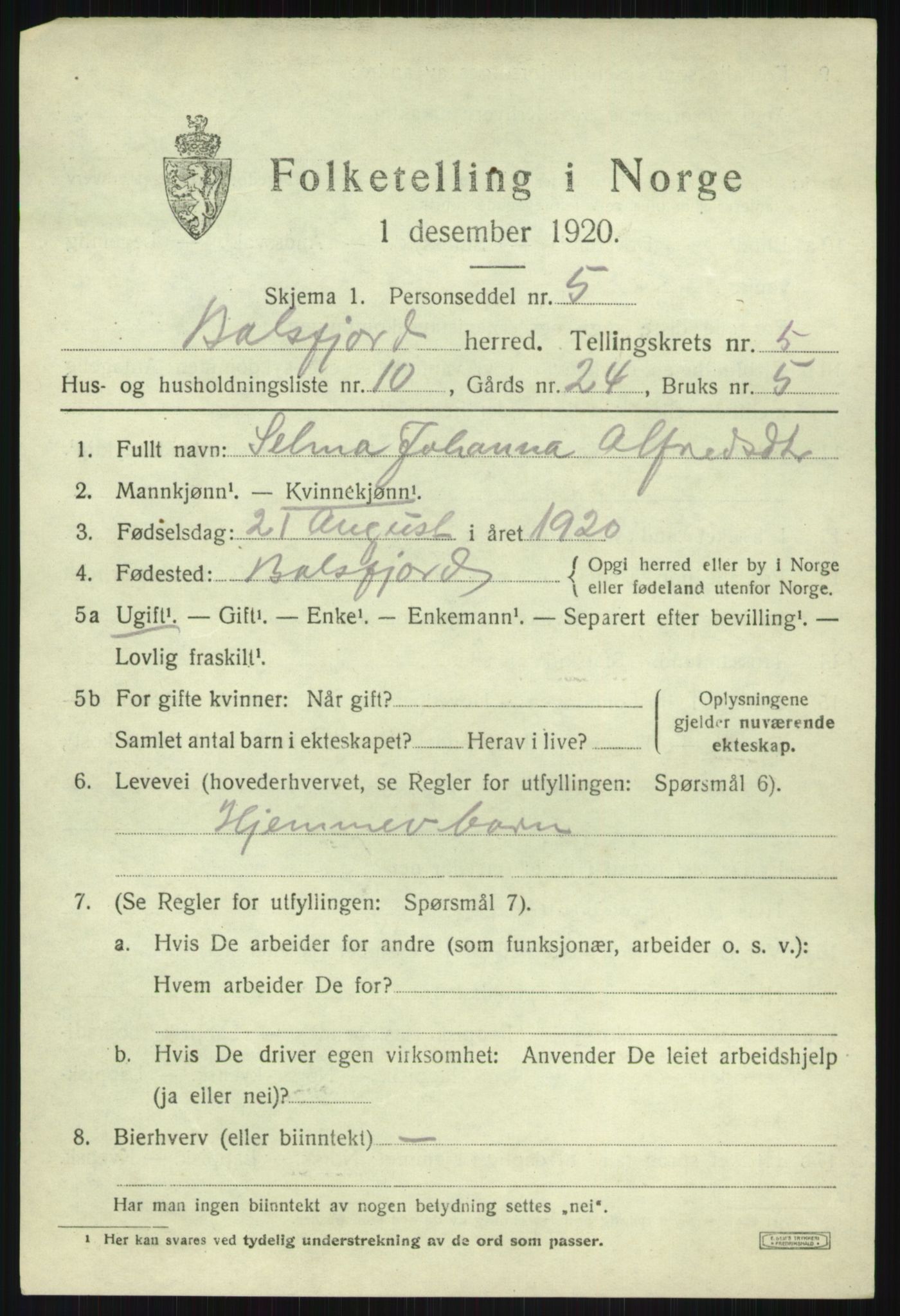 SATØ, 1920 census for Balsfjord, 1920, p. 3230