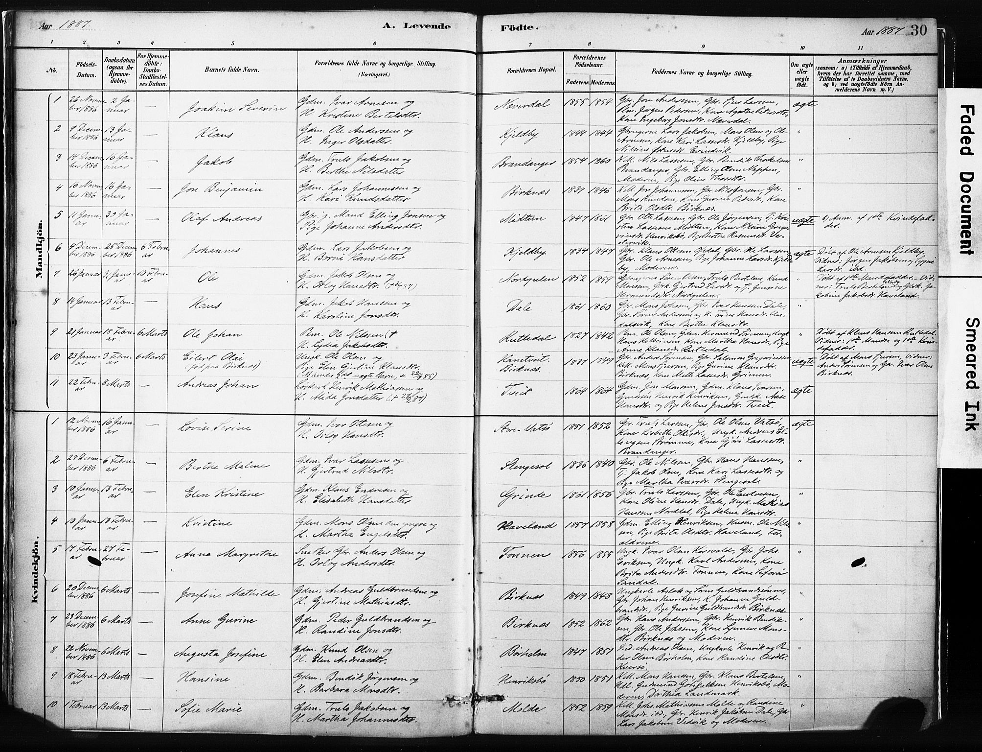Gulen sokneprestembete, AV/SAB-A-80201/H/Haa/Haab/L0001: Parish register (official) no. B 1, 1881-1905, p. 30