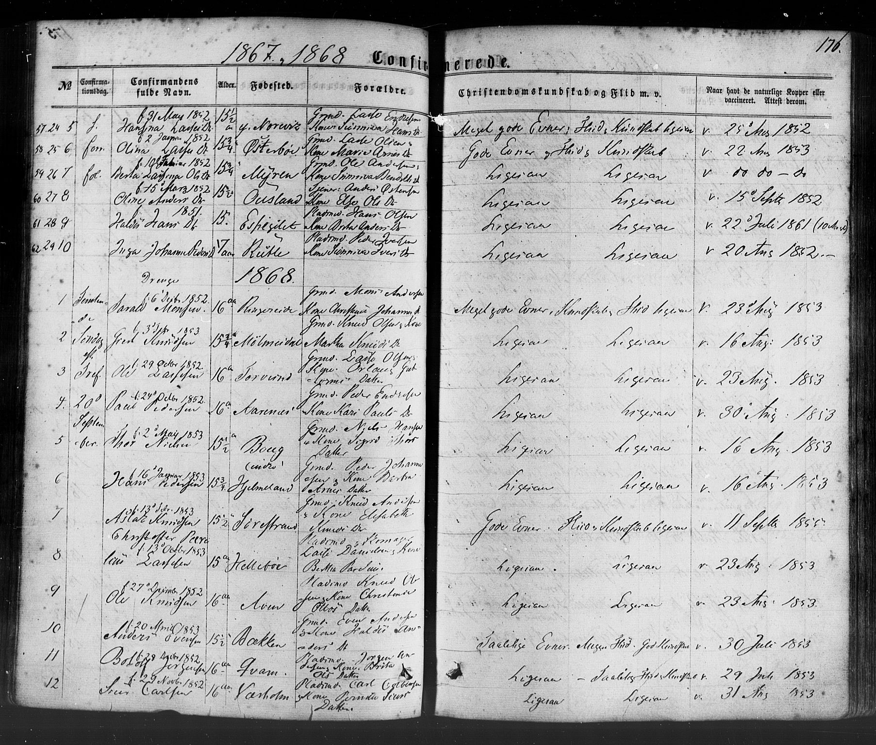 Lavik sokneprestembete, SAB/A-80901: Parish register (official) no. A 4, 1864-1881, p. 176