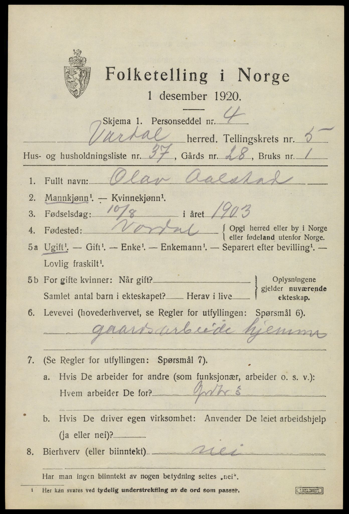 SAH, 1920 census for Vardal, 1920, p. 3495