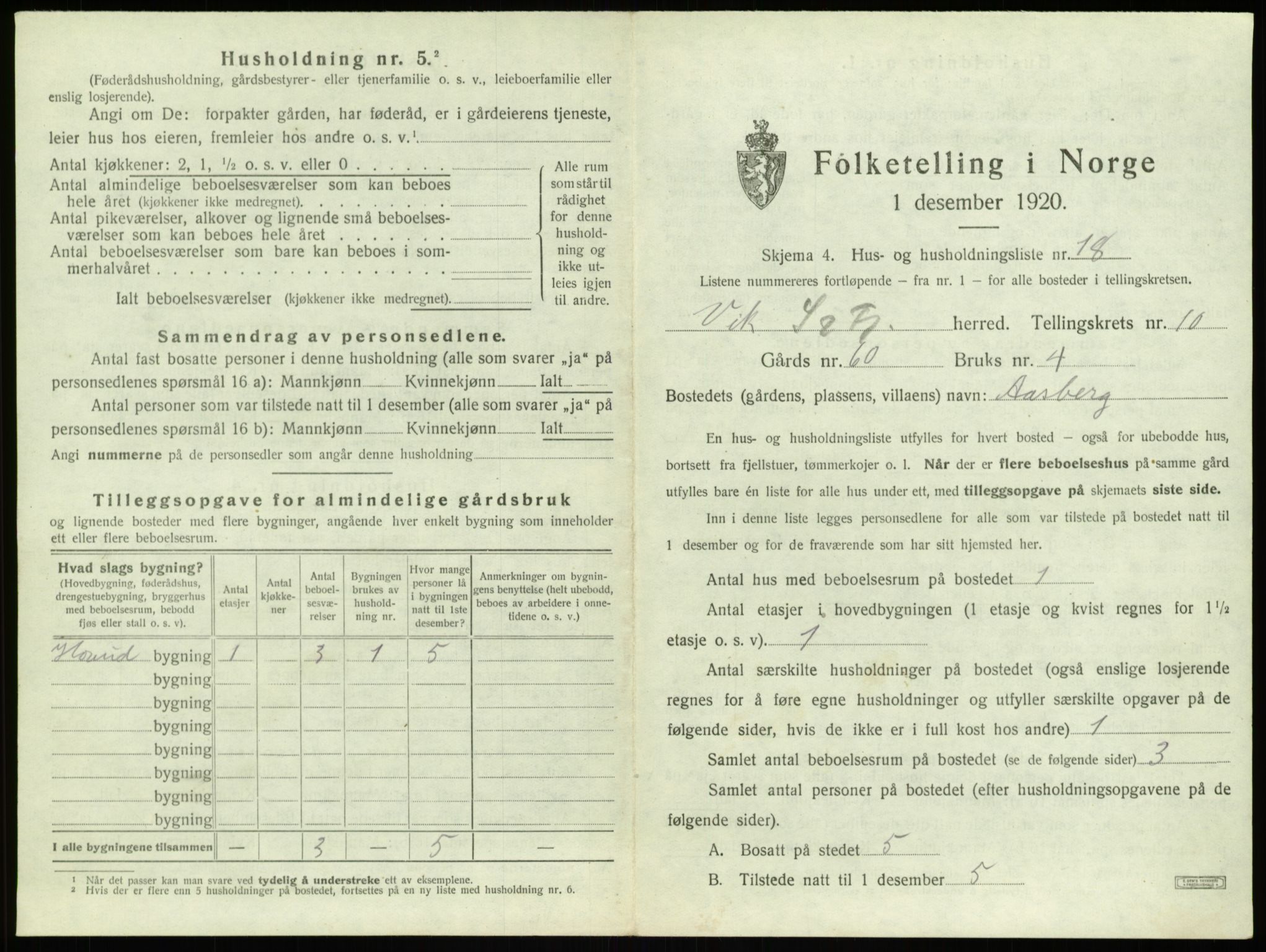 SAB, 1920 census for Vik, 1920, p. 1025