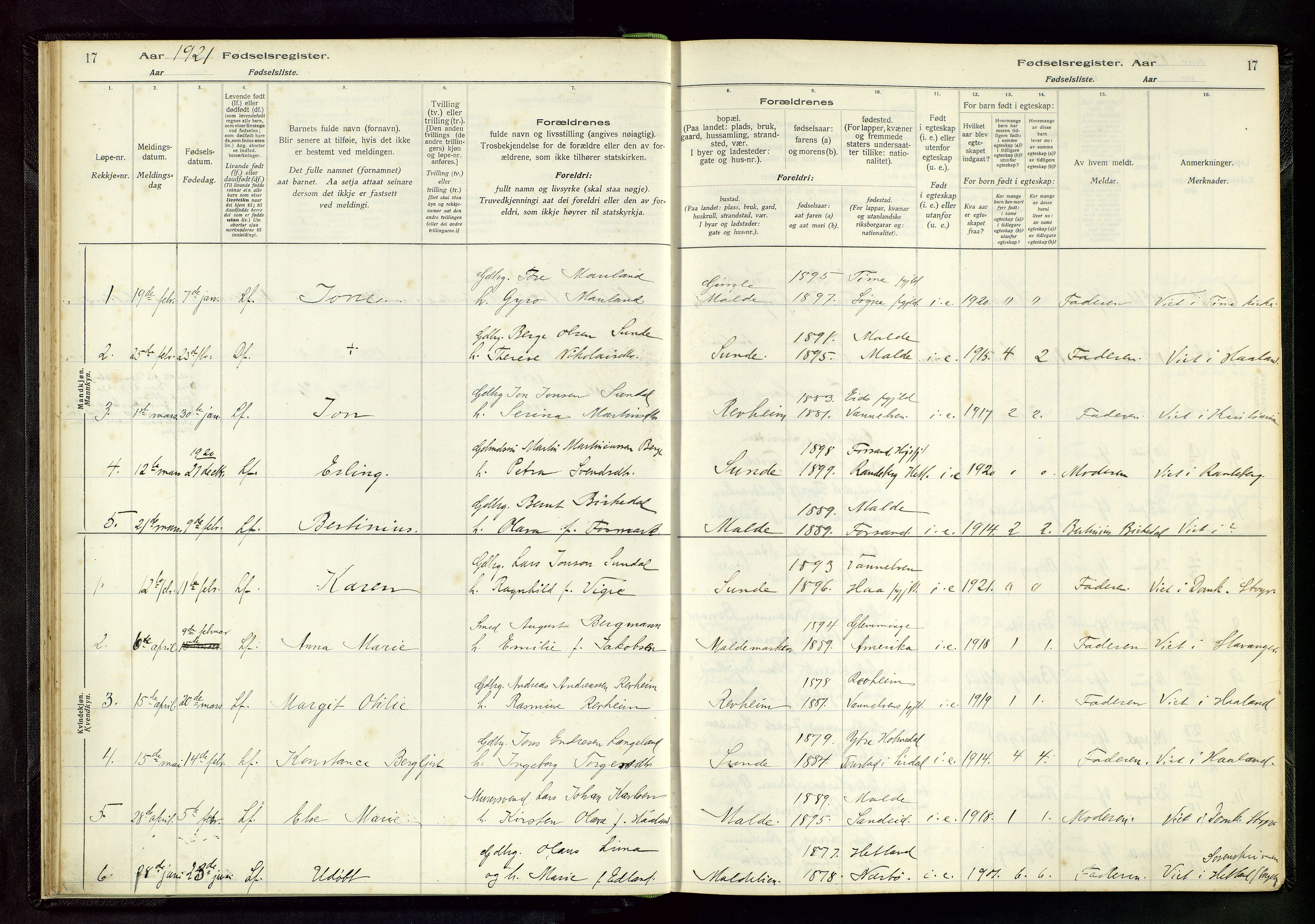 Håland sokneprestkontor, AV/SAST-A-101802/002/A/L0005: Birth register no. 5, 1916-1957, p. 17