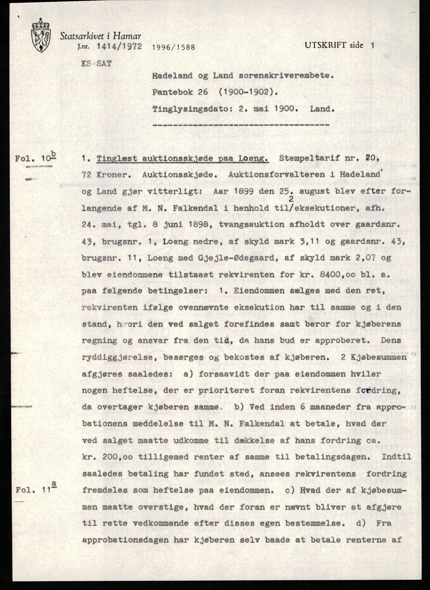 Avskriftssamlingen ved Statsarkivet i Hamar, SAH/AVSKRIFT-001/H/Hh/Hha/L0026: Pantebok for Hadeland og Land, 1900-1902