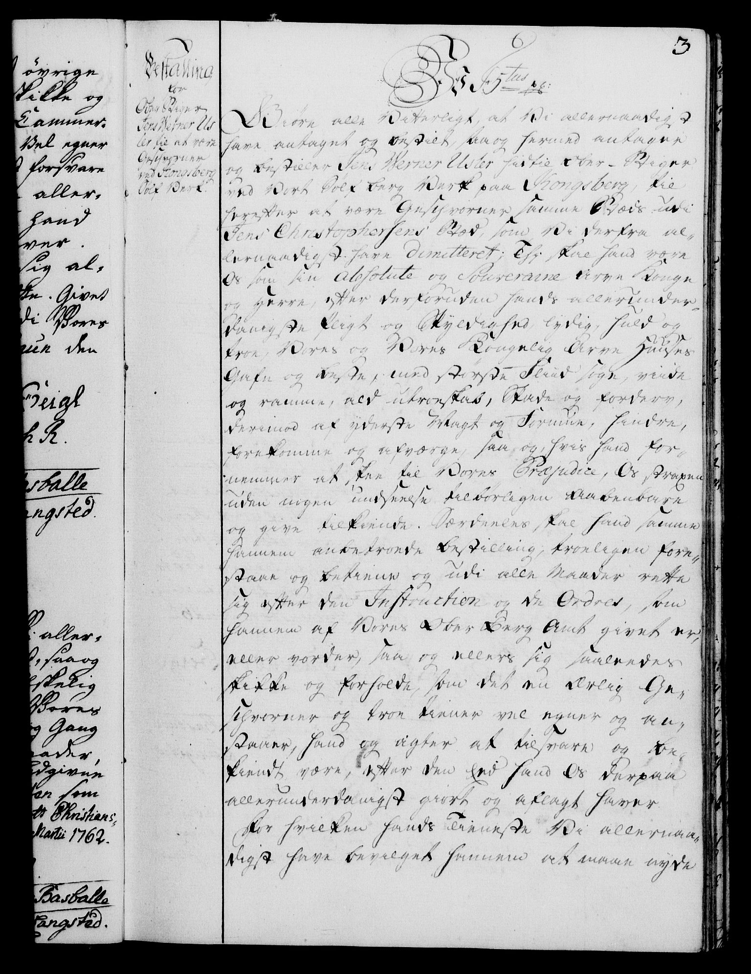 Rentekammeret, Kammerkanselliet, RA/EA-3111/G/Gg/Gge/L0004: Norsk bestallingsprotokoll med register (merket RK 53.28), 1762-1771, p. 3