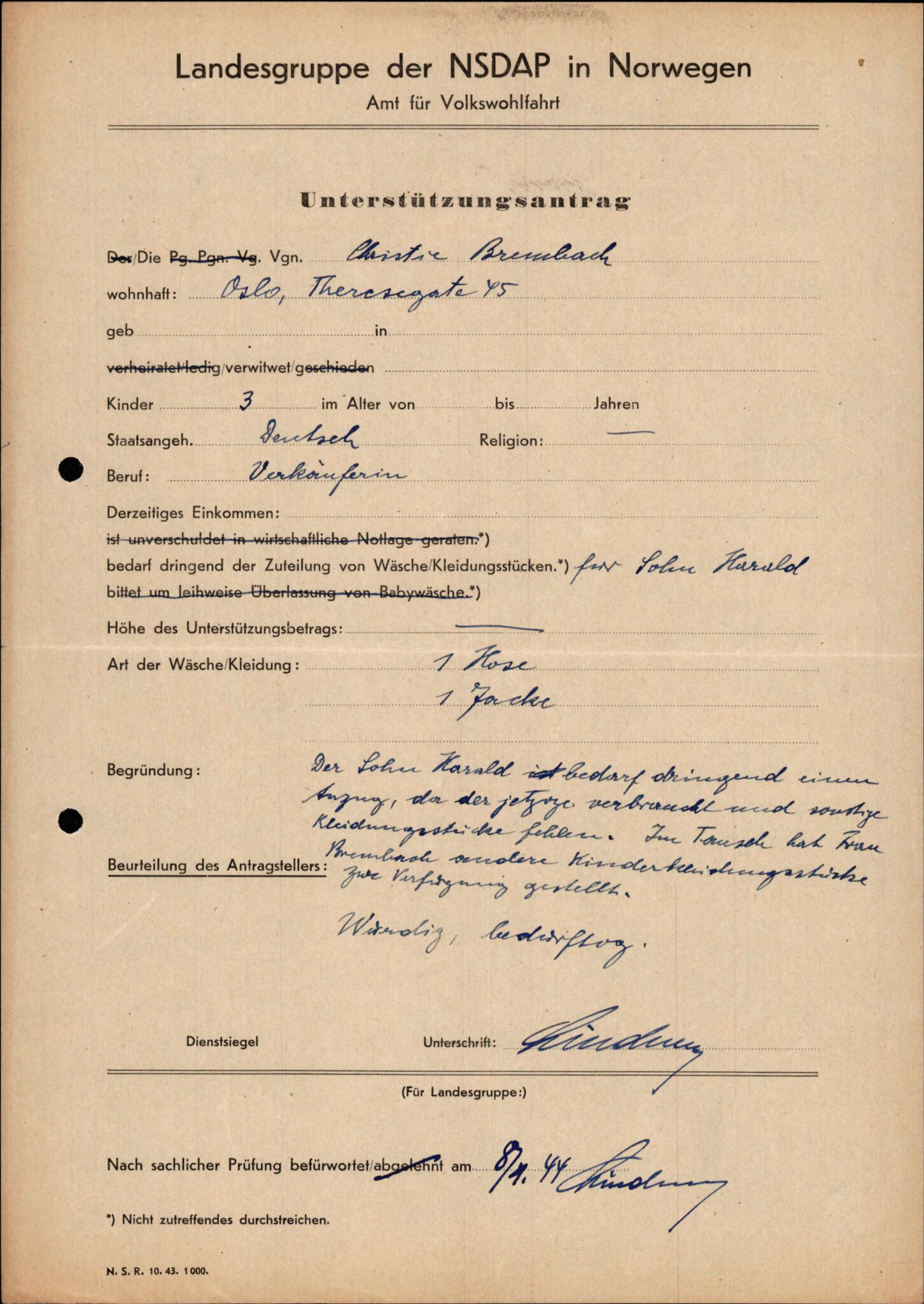 Forsvarets Overkommando. 2 kontor. Arkiv 11.4. Spredte tyske arkivsaker, AV/RA-RAFA-7031/D/Dar/Darb/L0015: Reichskommissariat - NSDAP in Norwegen, 1938-1945, p. 1009