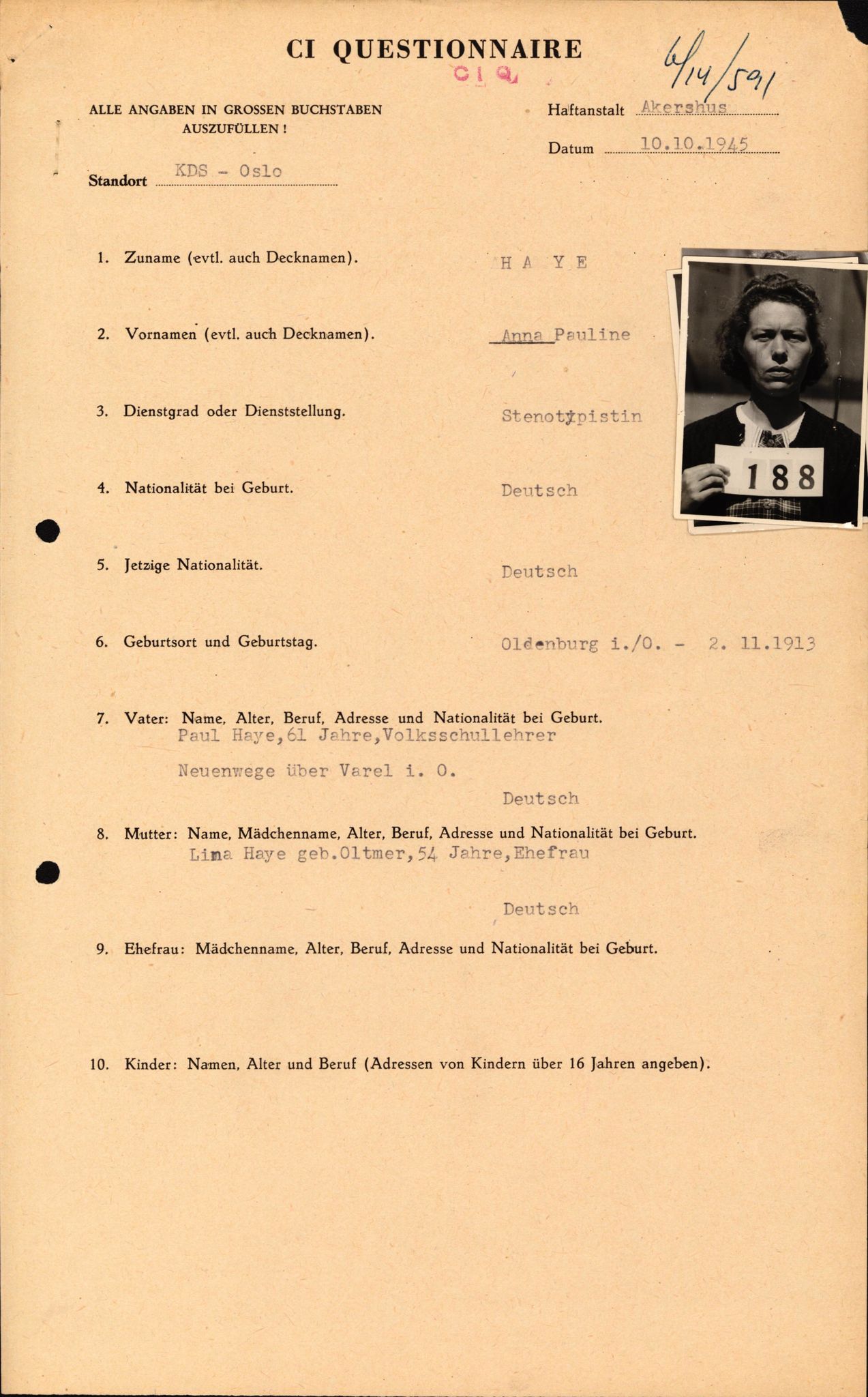 Forsvaret, Forsvarets overkommando II, AV/RA-RAFA-3915/D/Db/L0012: CI Questionaires. Tyske okkupasjonsstyrker i Norge. Tyskere., 1945-1946, p. 109