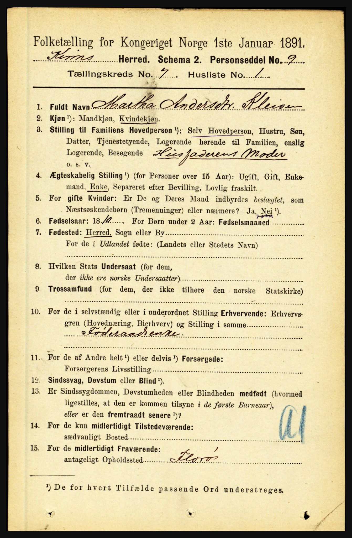 RA, 1891 census for 1437 Kinn, 1891, p. 2680