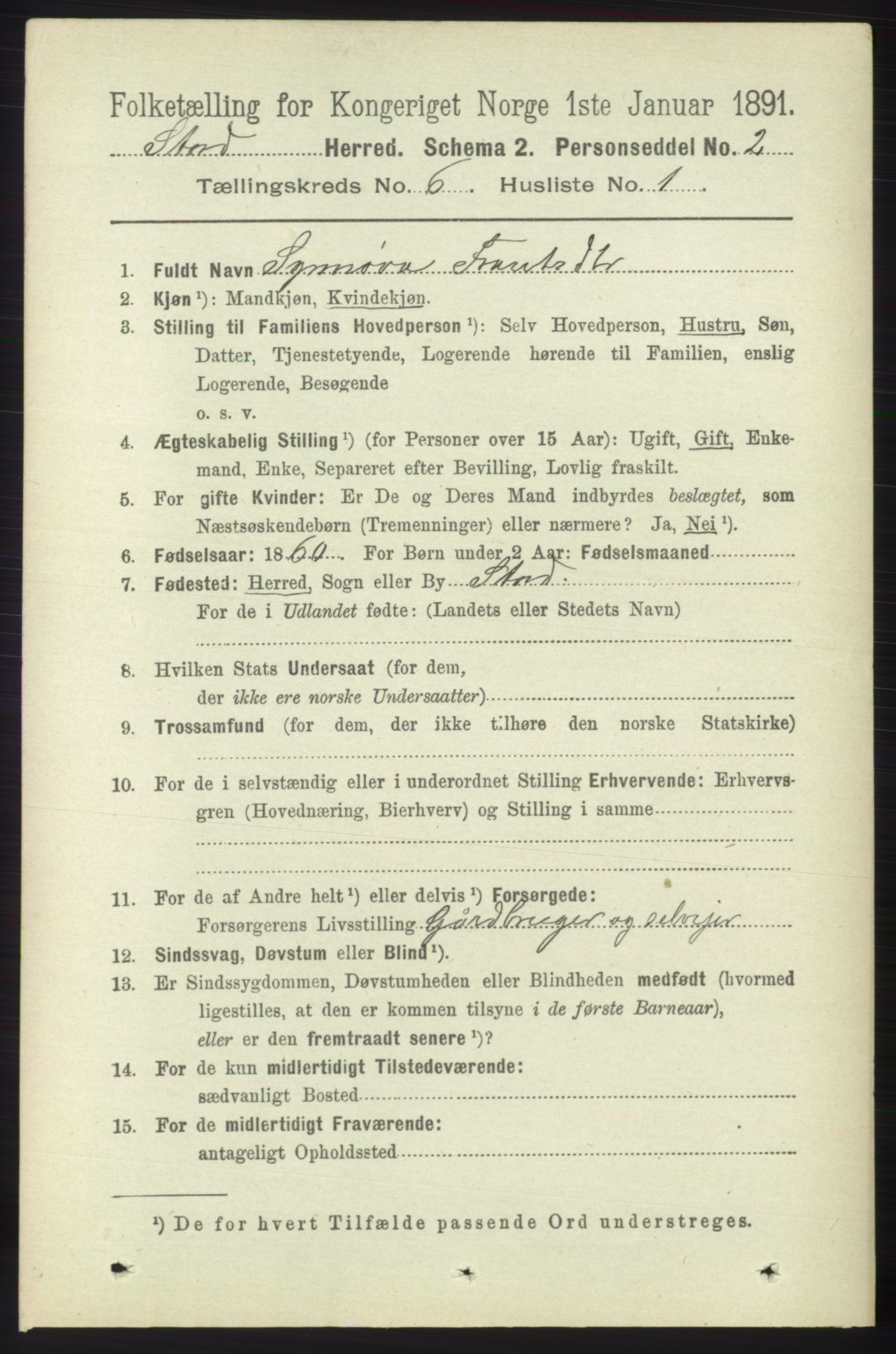 RA, 1891 census for 1221 Stord, 1891, p. 2165