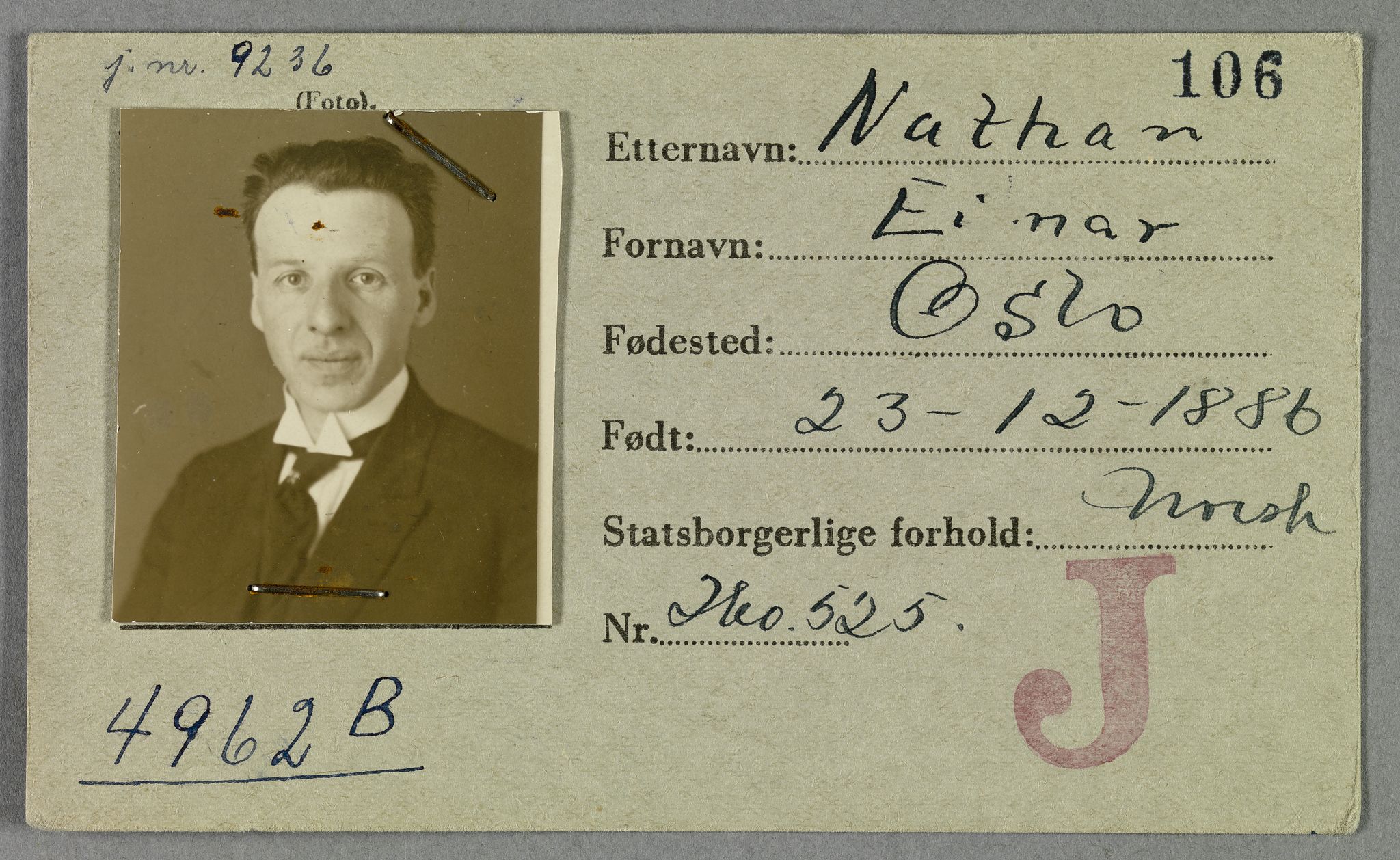 Sosialdepartementet, Våre Falne, RA/S-1708/E/Ee/L0021A: Fotografier av jøder på legitimasjonskort (1941-42), 1941-1942, p. 271
