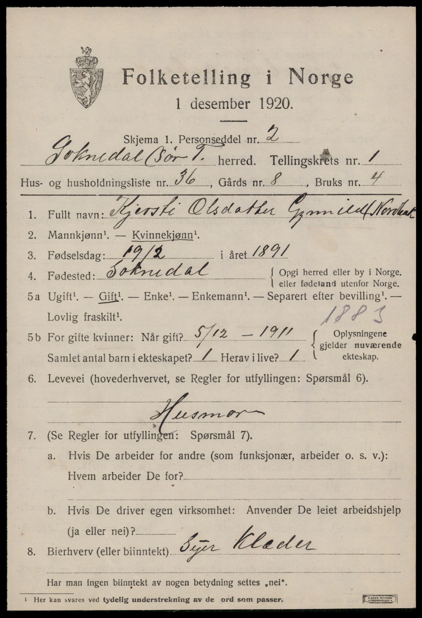 SAT, 1920 census for Soknedal, 1920, p. 1208