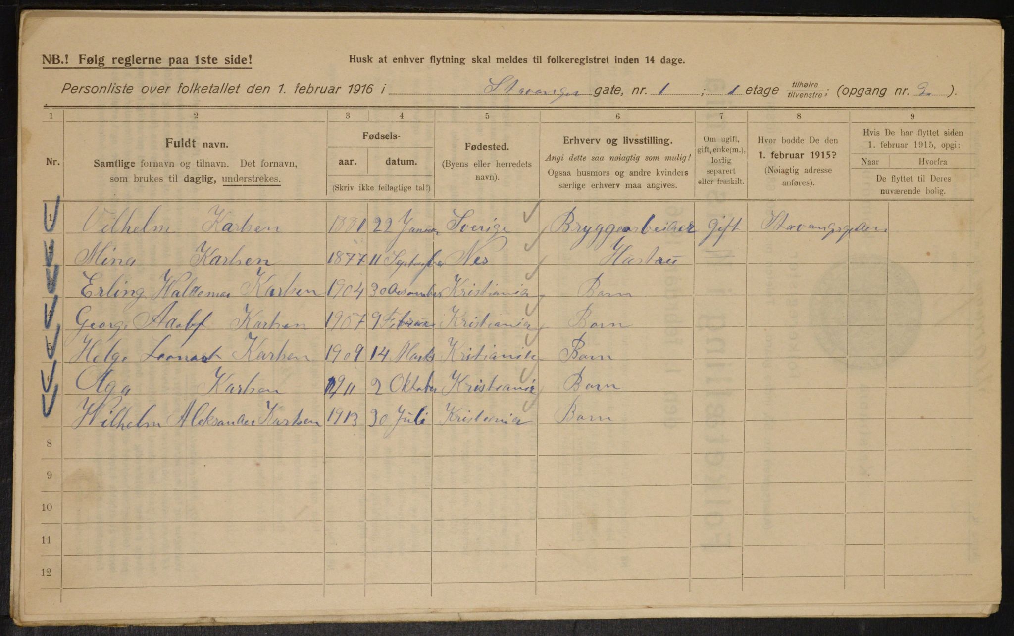 OBA, Municipal Census 1916 for Kristiania, 1916, p. 103284