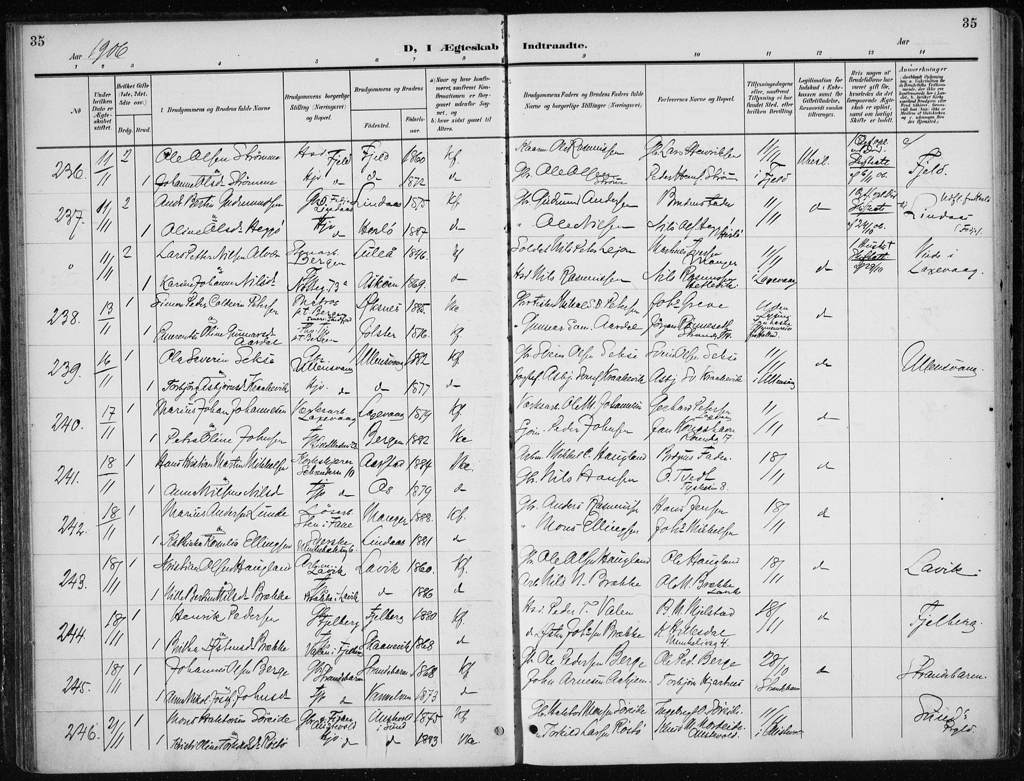 Nykirken Sokneprestembete, AV/SAB-A-77101/H/Haa/L0035: Parish register (official) no. D 5, 1905-1913, p. 35