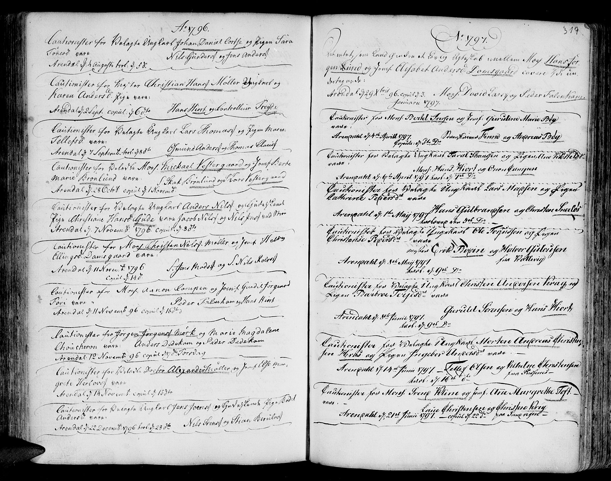 Arendal sokneprestkontor, Trefoldighet, SAK/1111-0040/F/Fa/L0001: Parish register (official) no. A 1, 1703-1815, p. 319