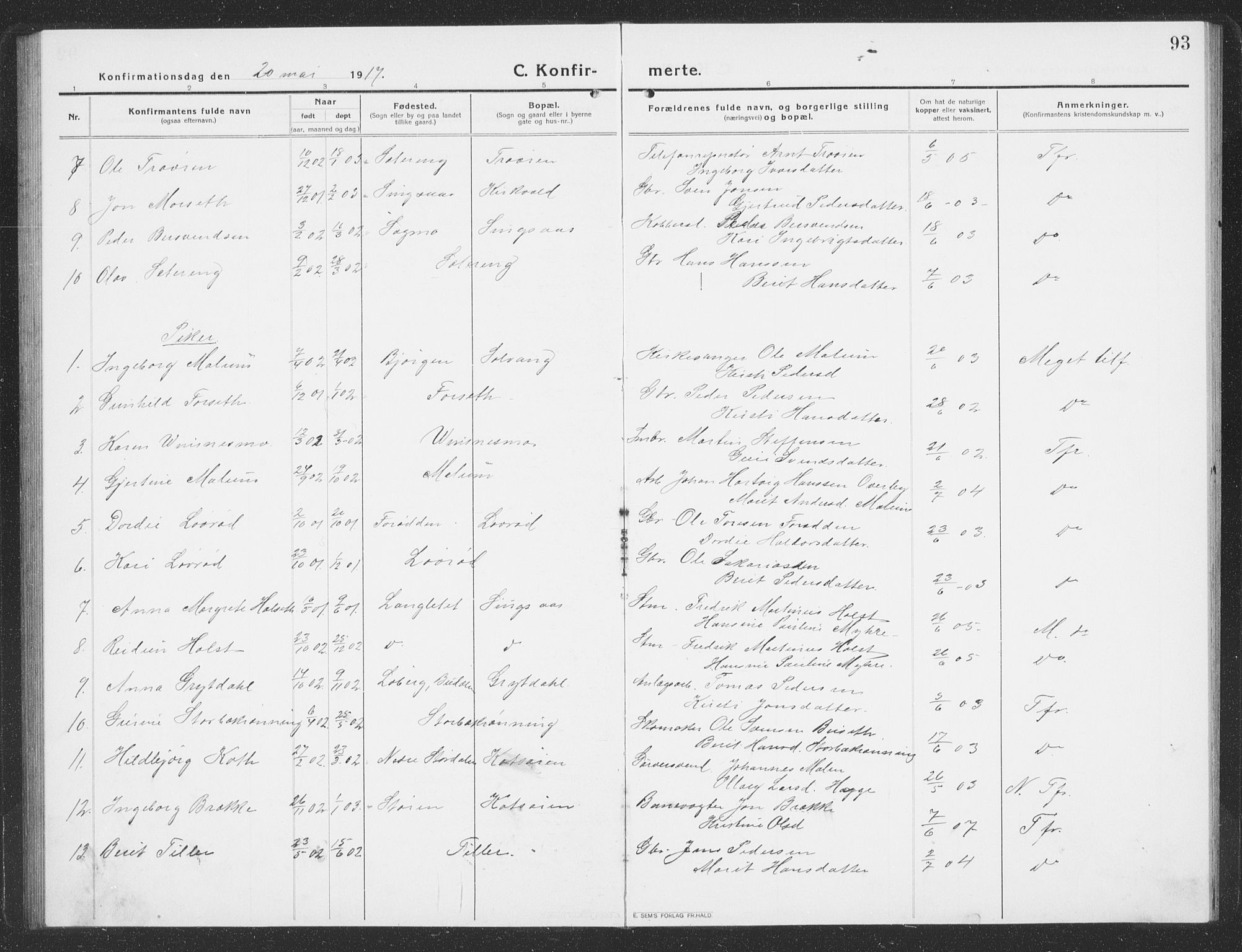 Ministerialprotokoller, klokkerbøker og fødselsregistre - Sør-Trøndelag, AV/SAT-A-1456/688/L1030: Parish register (copy) no. 688C05, 1916-1939, p. 93