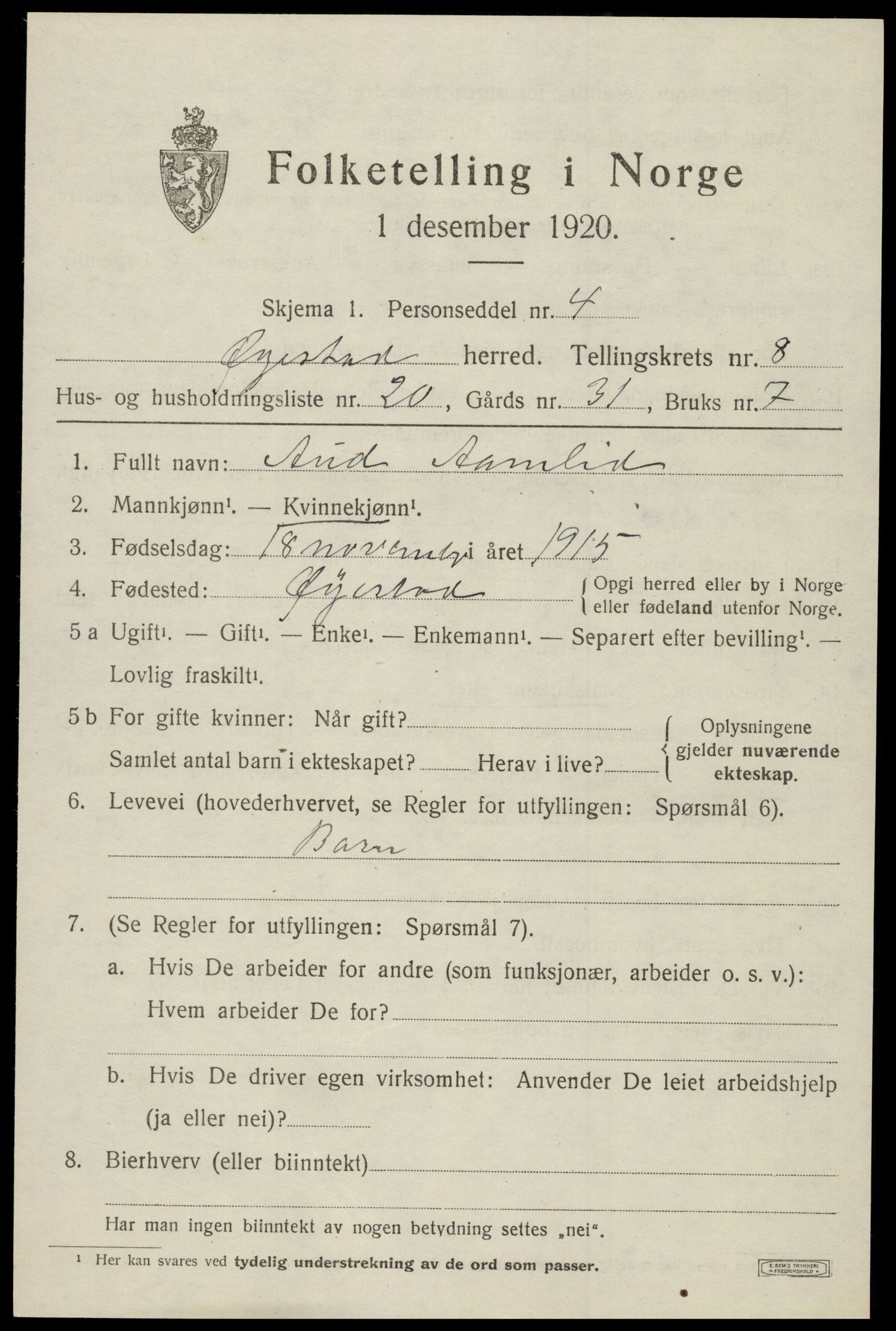 SAK, 1920 census for Øyestad, 1920, p. 5404