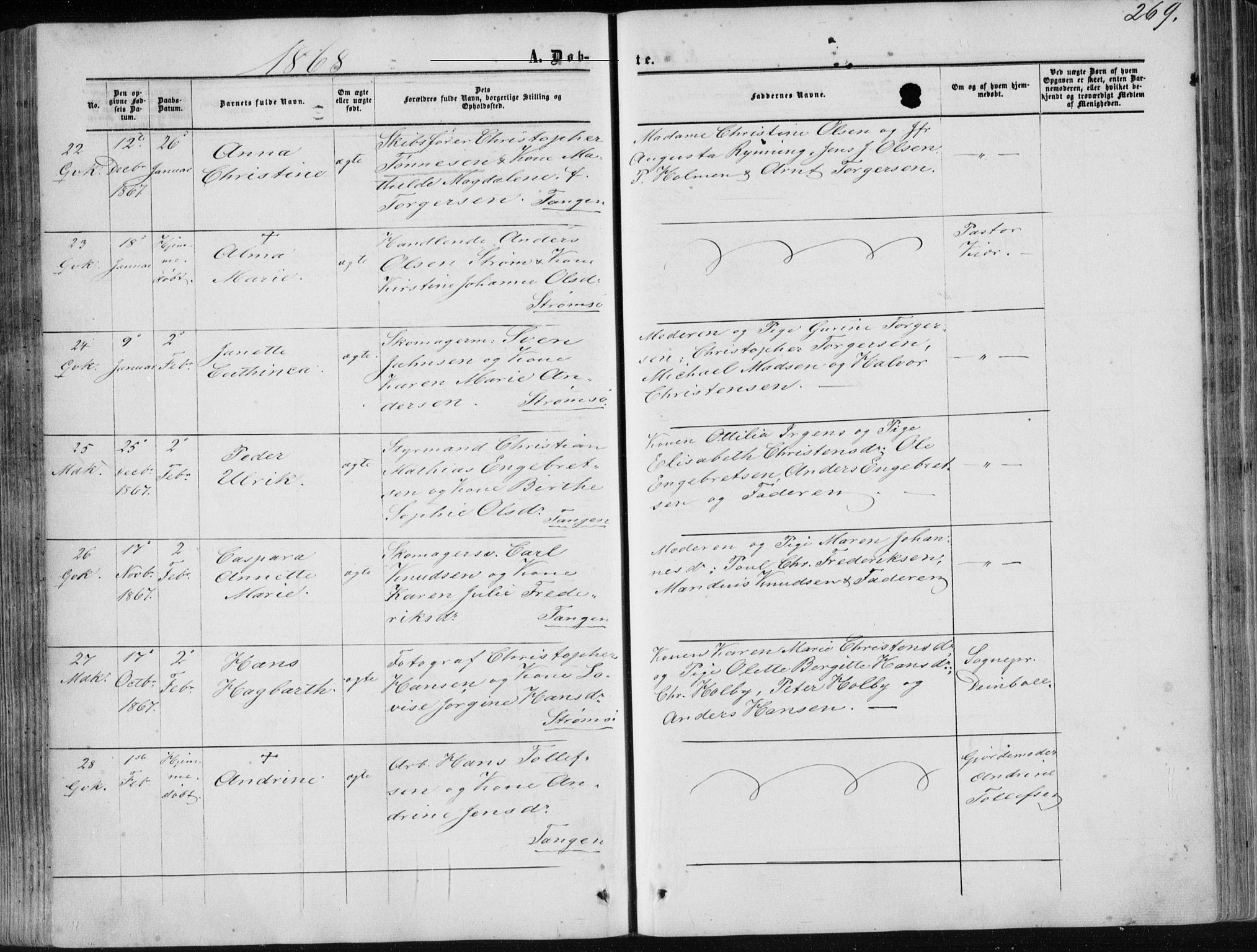 Strømsø kirkebøker, AV/SAKO-A-246/F/Fa/L0015: Parish register (official) no. I 15, 1859-1868, p. 269