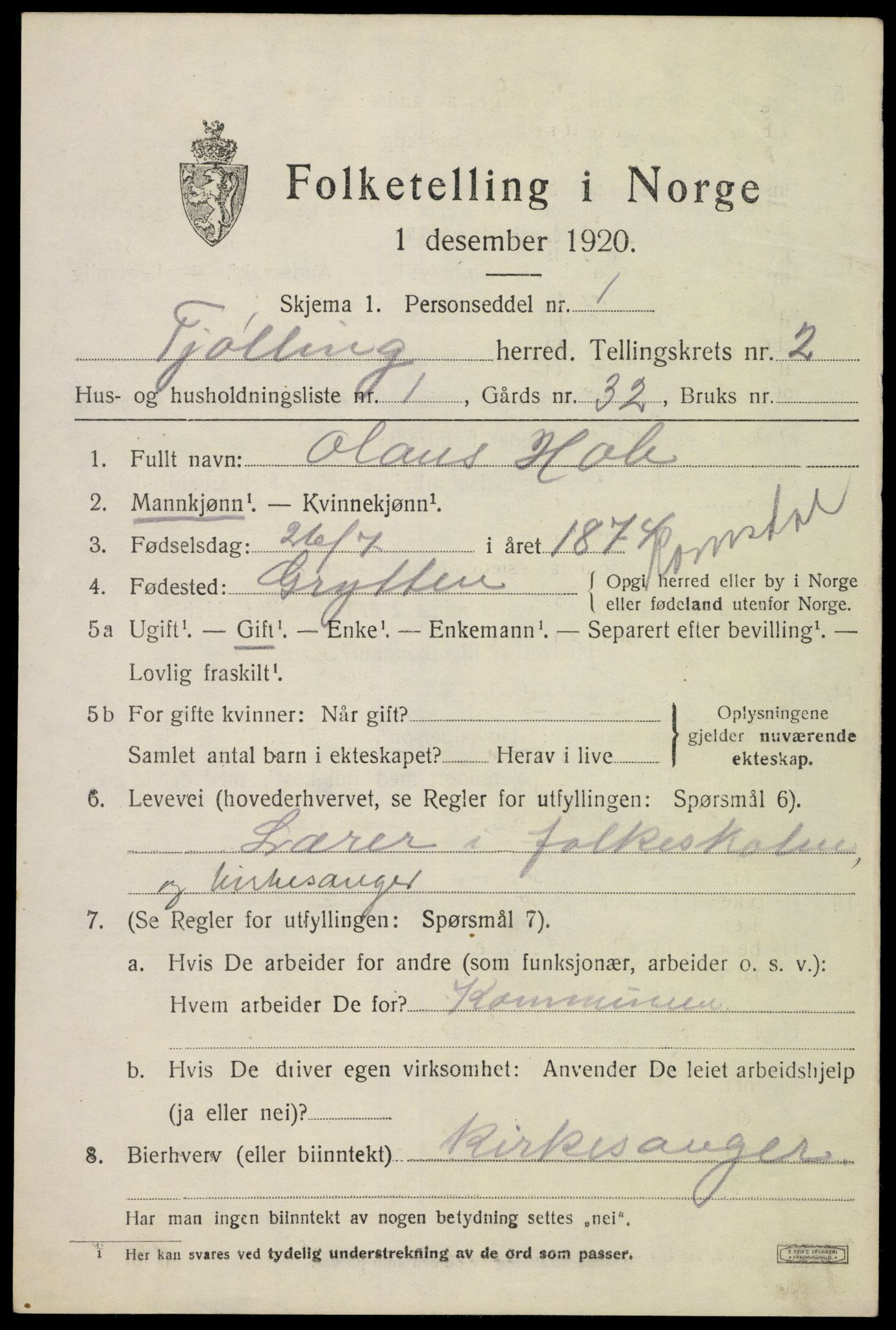 SAKO, 1920 census for Tjølling, 1920, p. 5159