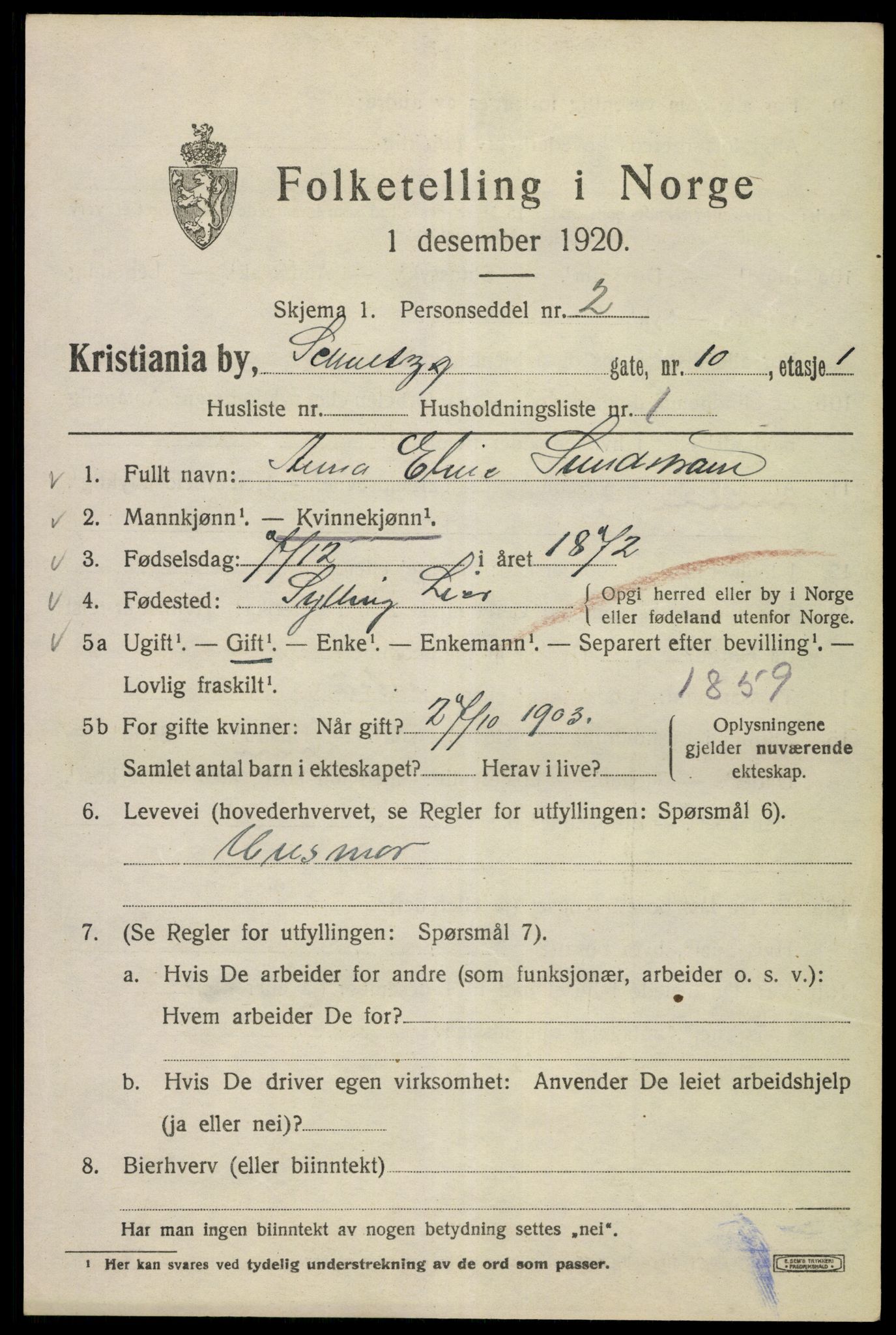 SAO, 1920 census for Kristiania, 1920, p. 491913