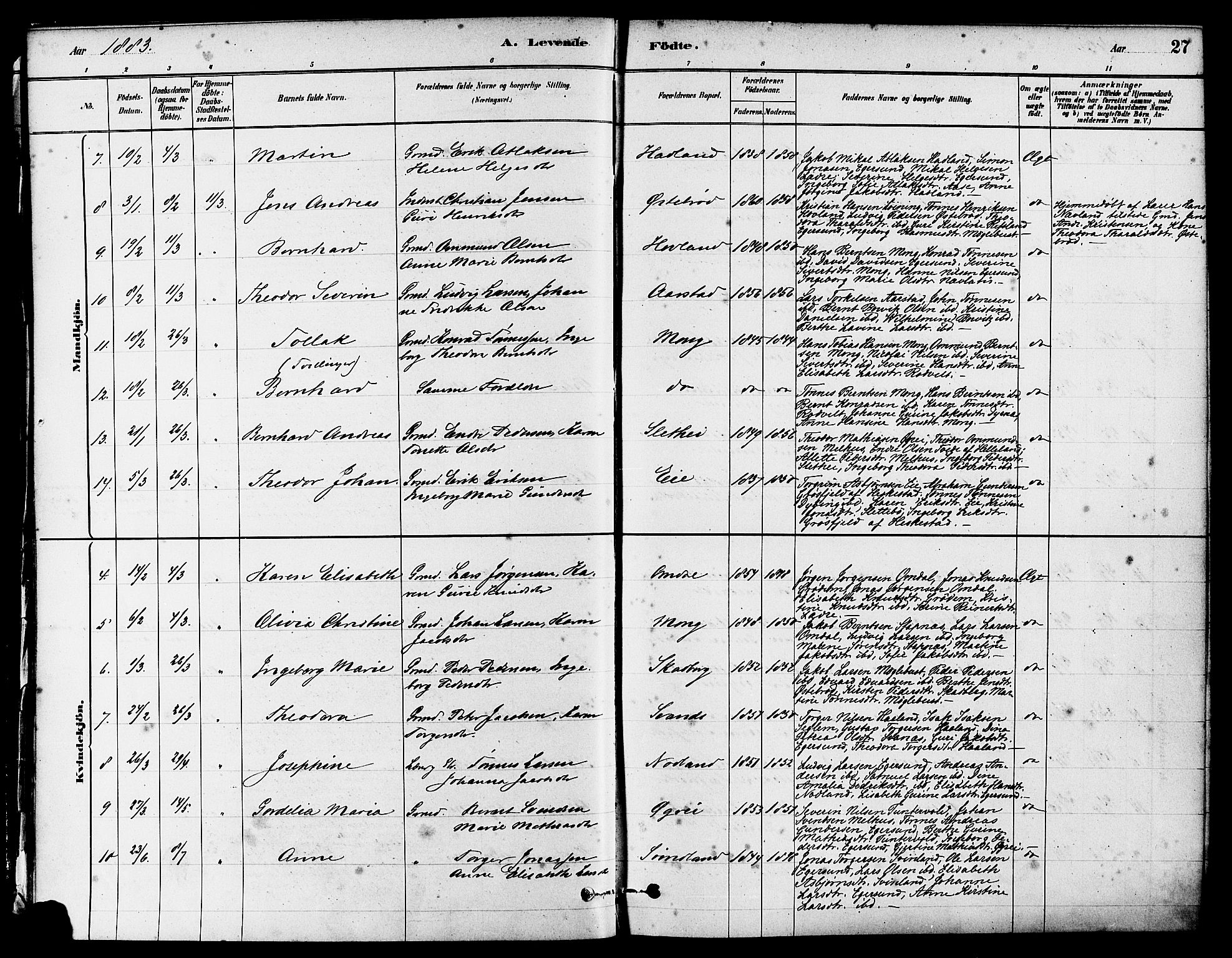 Eigersund sokneprestkontor, AV/SAST-A-101807/S08/L0017: Parish register (official) no. A 14, 1879-1892, p. 27