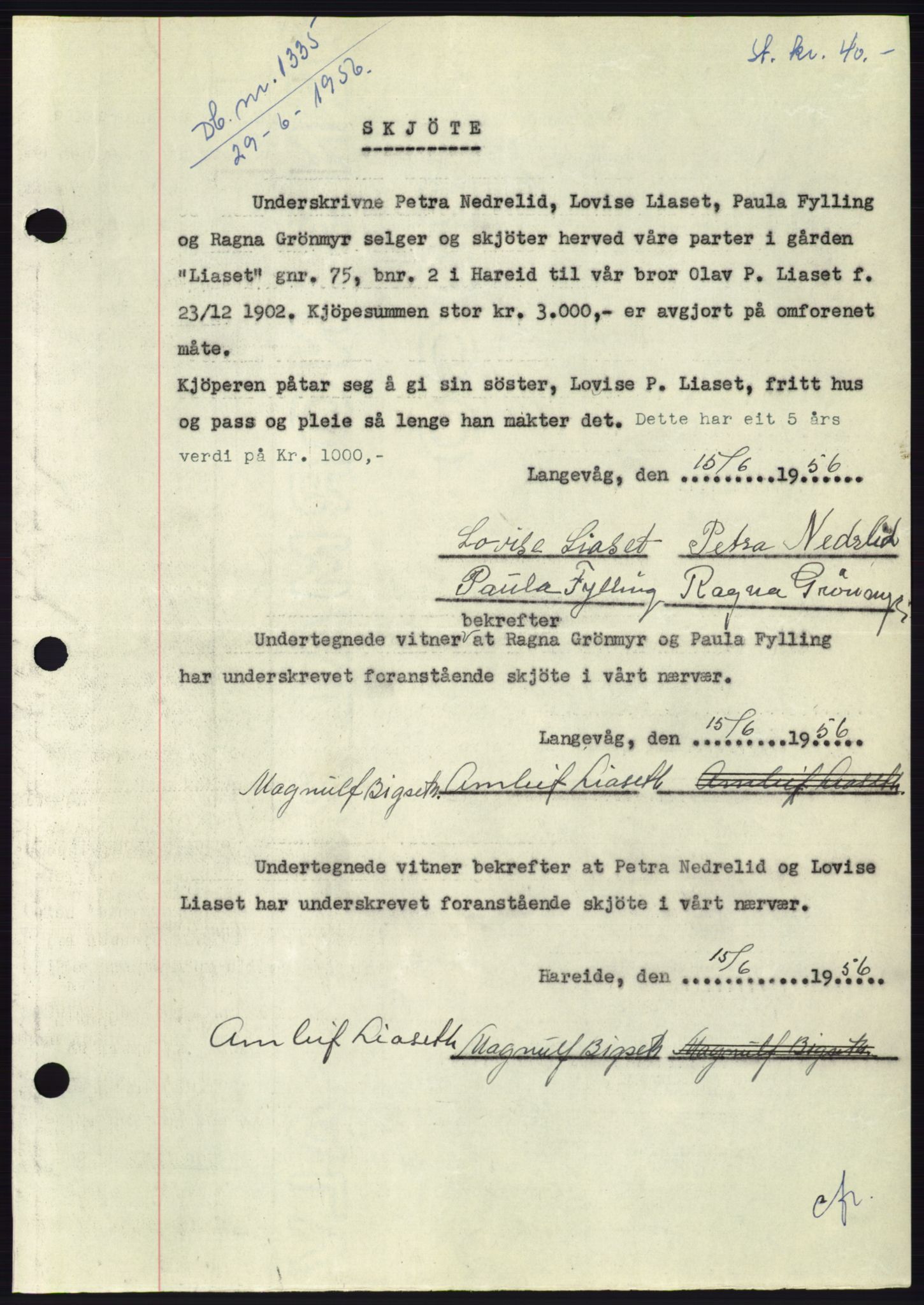 Søre Sunnmøre sorenskriveri, AV/SAT-A-4122/1/2/2C/L0104: Mortgage book no. 30A, 1956-1956, Diary no: : 1335/1956