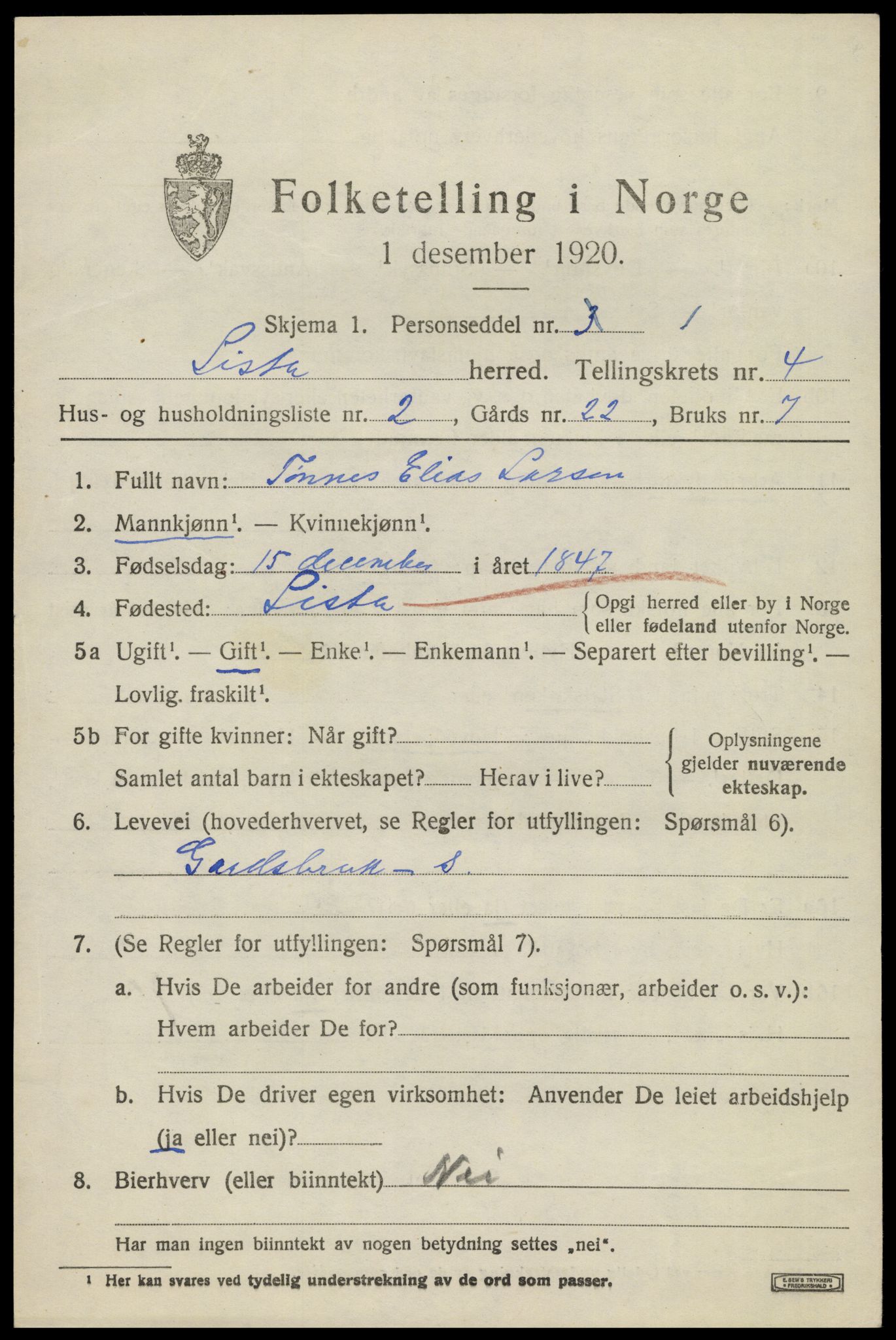 SAK, 1920 census for Lista, 1920, p. 4739