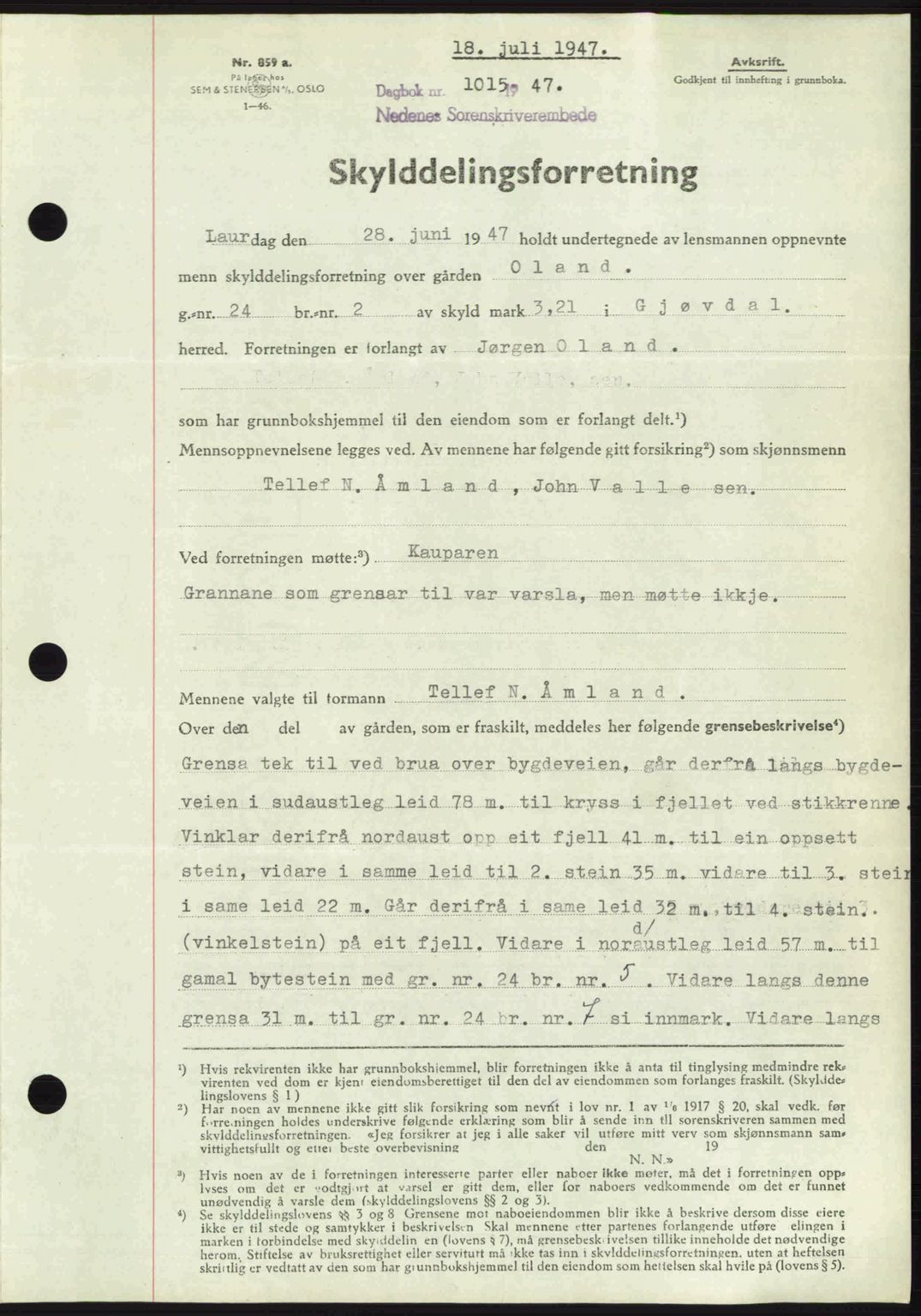 Nedenes sorenskriveri, AV/SAK-1221-0006/G/Gb/Gba/L0057: Mortgage book no. A9, 1947-1947, Diary no: : 1015/1947