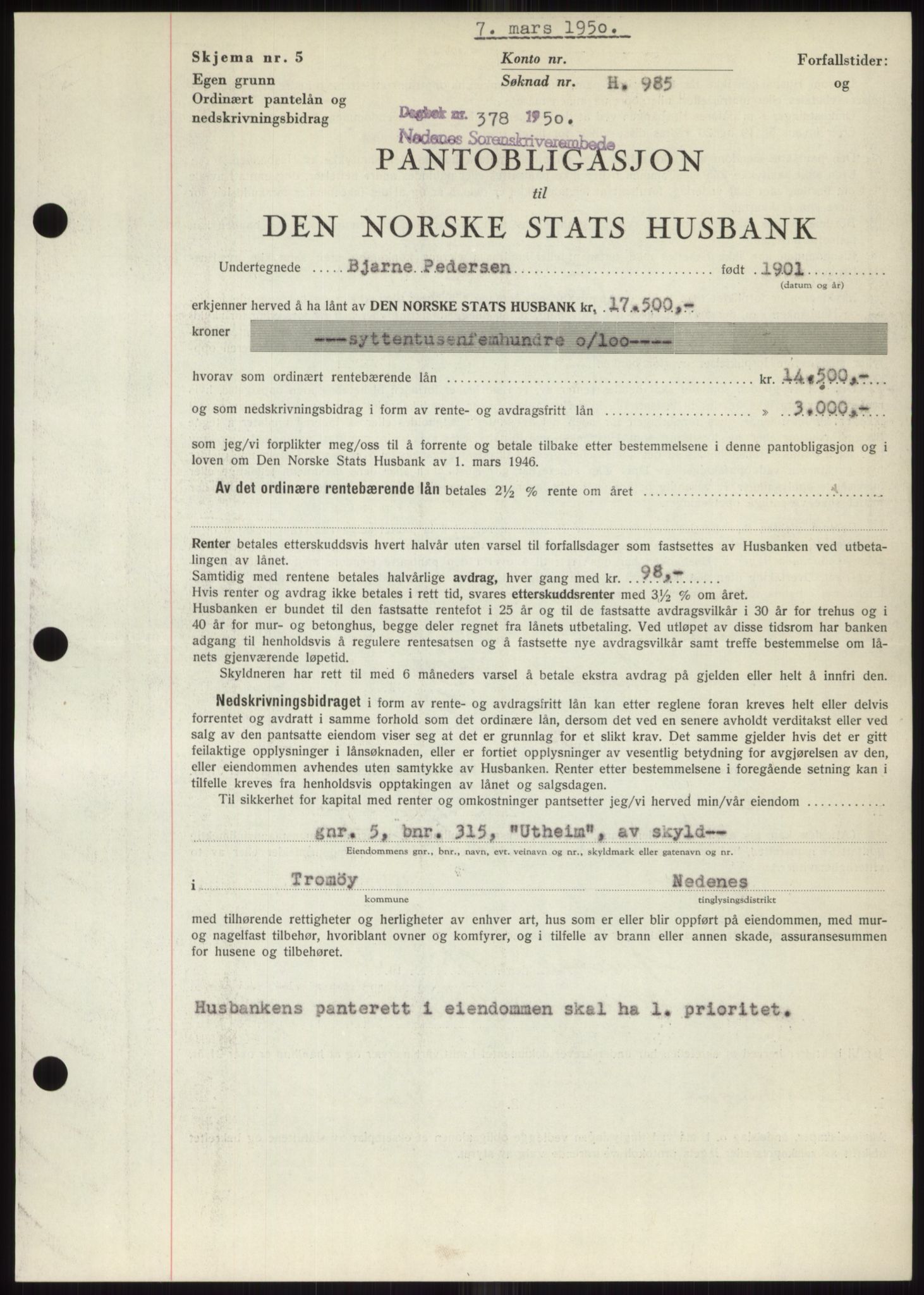 Nedenes sorenskriveri, AV/SAK-1221-0006/G/Gb/Gbb/L0007: Mortgage book no. B7, 1949-1950, Diary no: : 378/1950