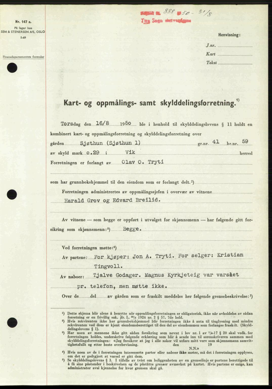 Ytre Sogn tingrett, SAB/A-2601/1/G/Gbb/L0009: Mortgage book no. A6 - A7 (B4), 1950-1950, Diary no: : 888/1950