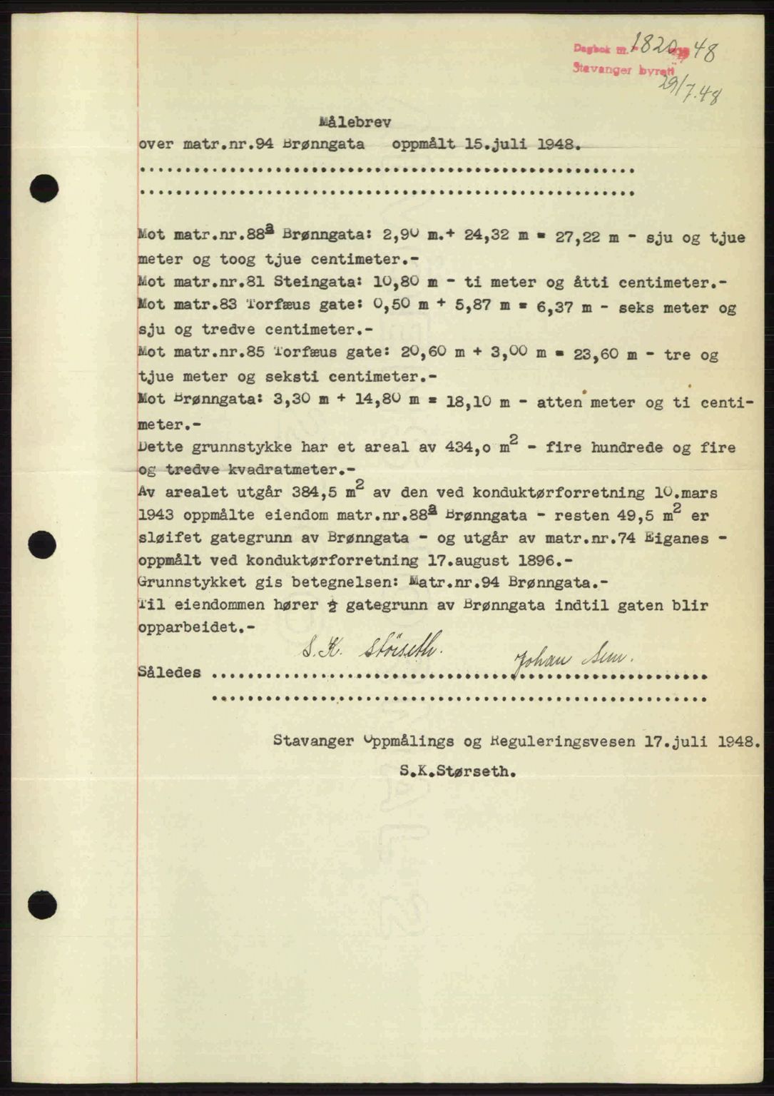 Stavanger byrett, SAST/A-100455/002/G/Gb/L0022: Mortgage book no. A11, 1947-1948, Diary no: : 1820/1948