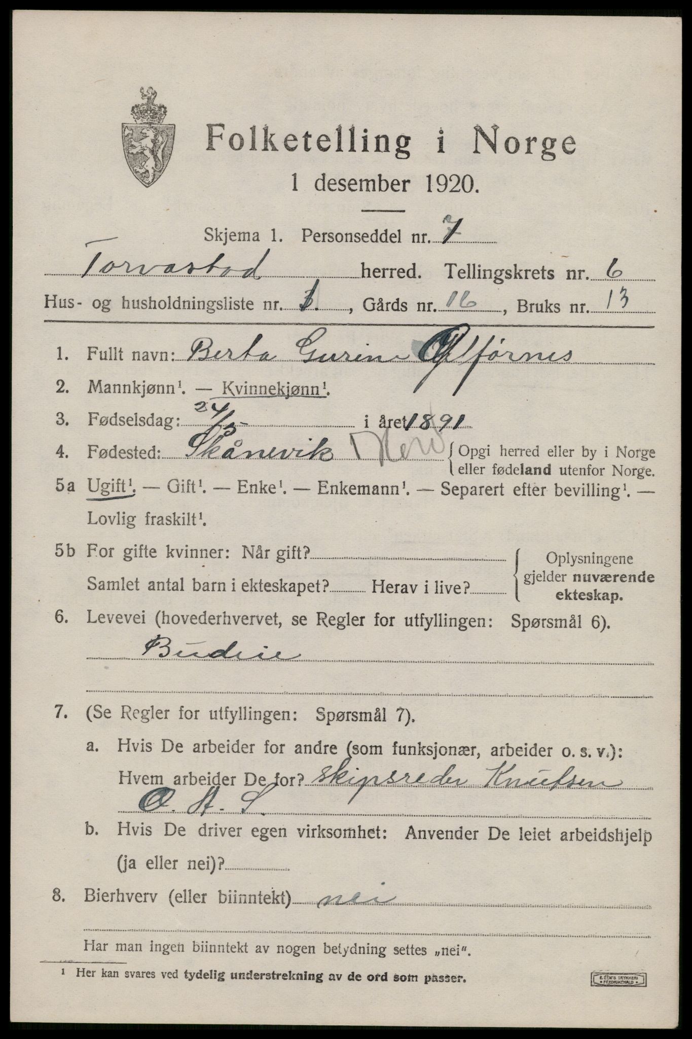 SAST, 1920 census for Torvastad, 1920, p. 4916