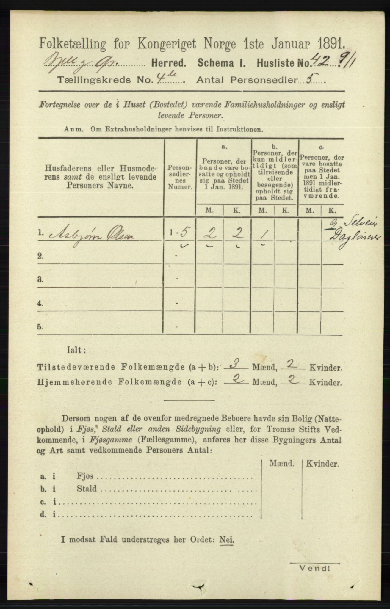 RA, 1891 census for 1024 Bjelland og Grindheim, 1891, p. 2069