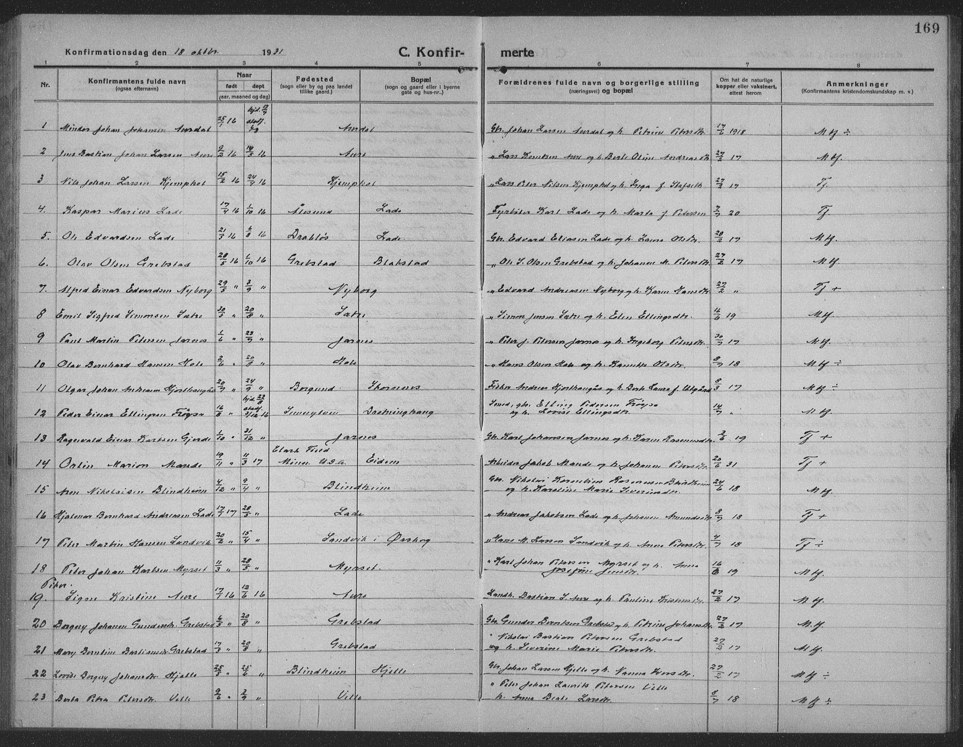 Ministerialprotokoller, klokkerbøker og fødselsregistre - Møre og Romsdal, AV/SAT-A-1454/523/L0342: Parish register (copy) no. 523C05, 1916-1937, p. 169