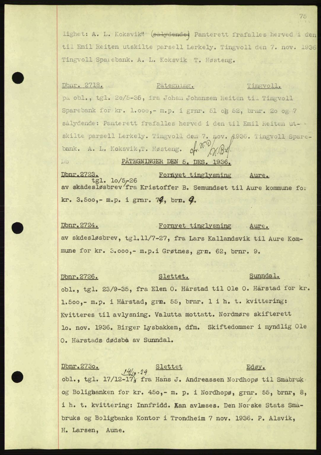 Nordmøre sorenskriveri, AV/SAT-A-4132/1/2/2Ca: Mortgage book no. C80, 1936-1939, Diary no: : 2718/1936