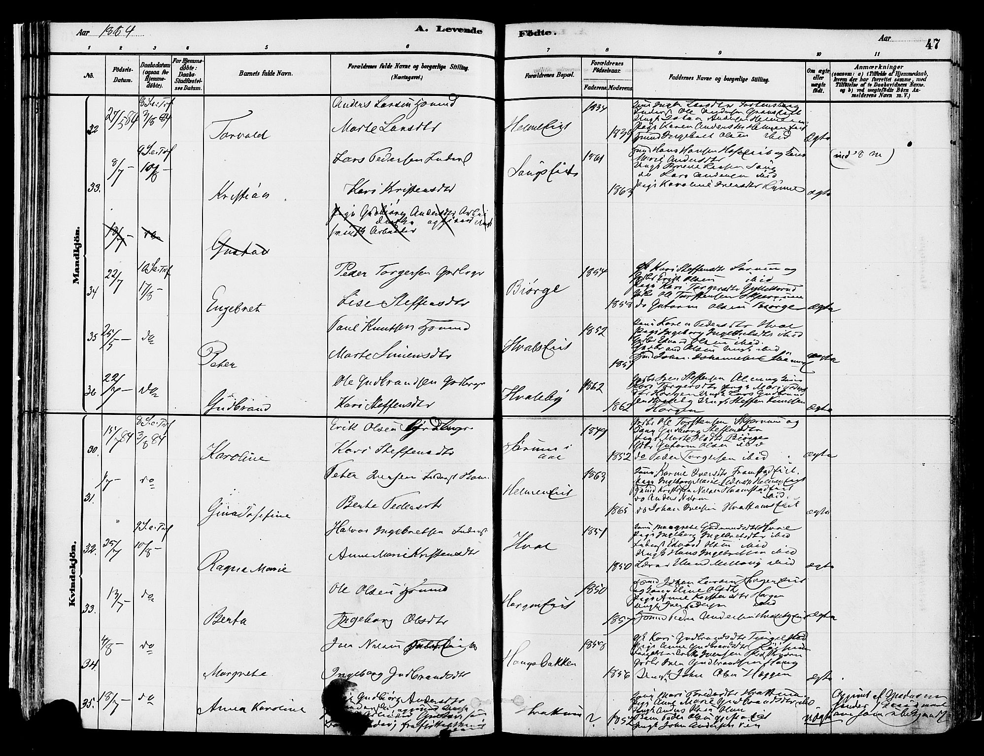 Gran prestekontor, AV/SAH-PREST-112/H/Ha/Haa/L0014: Parish register (official) no. 14, 1880-1889, p. 47