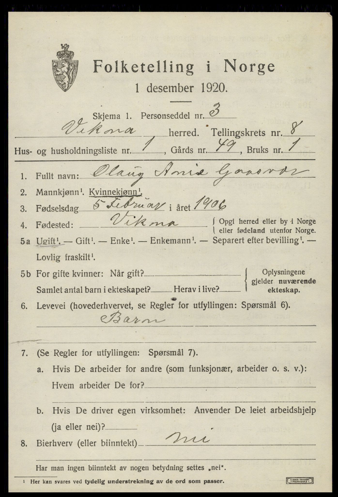 SAT, 1920 census for Vikna, 1920, p. 5991