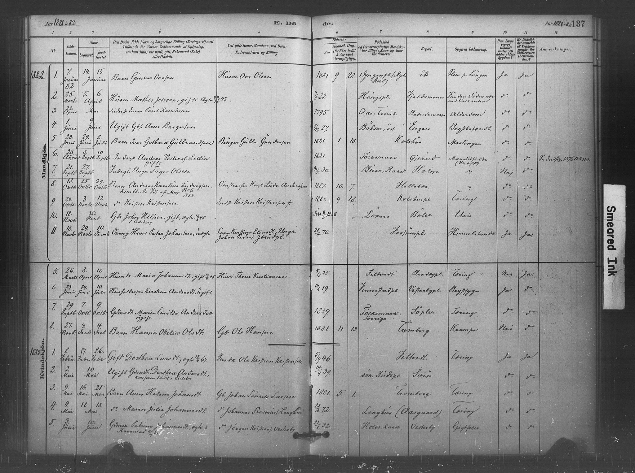 Eidsberg prestekontor Kirkebøker, AV/SAO-A-10905/F/Fc/L0001: Parish register (official) no. III 1, 1879-1905, p. 137