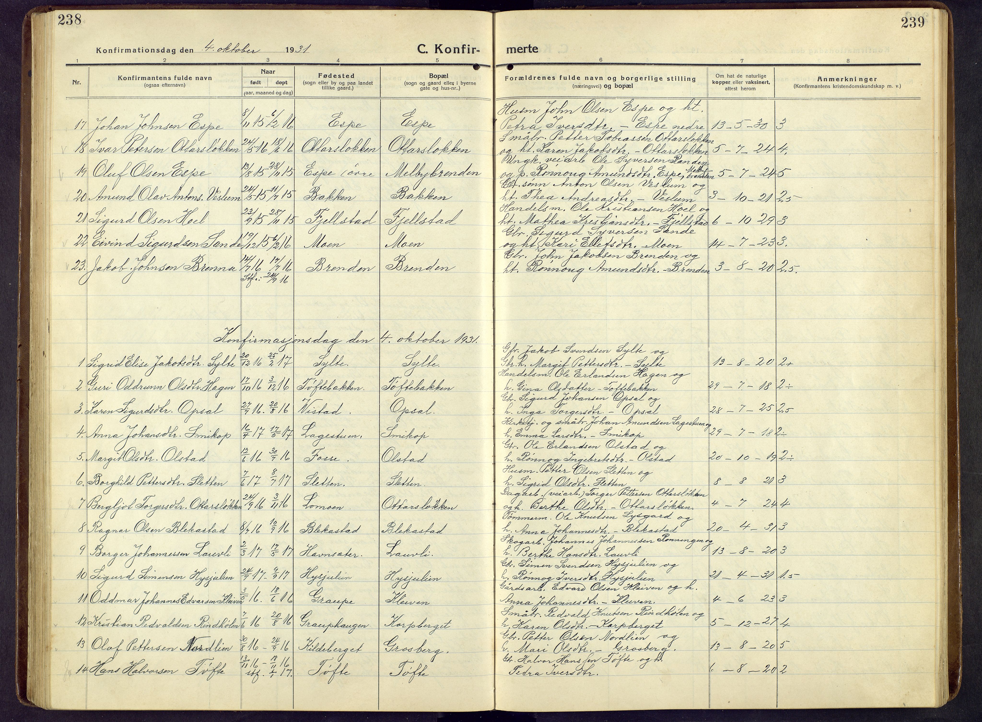 Nord-Fron prestekontor, SAH/PREST-080/H/Ha/Hab/L0009: Parish register (copy) no. 9, 1915-1958, p. 238-239