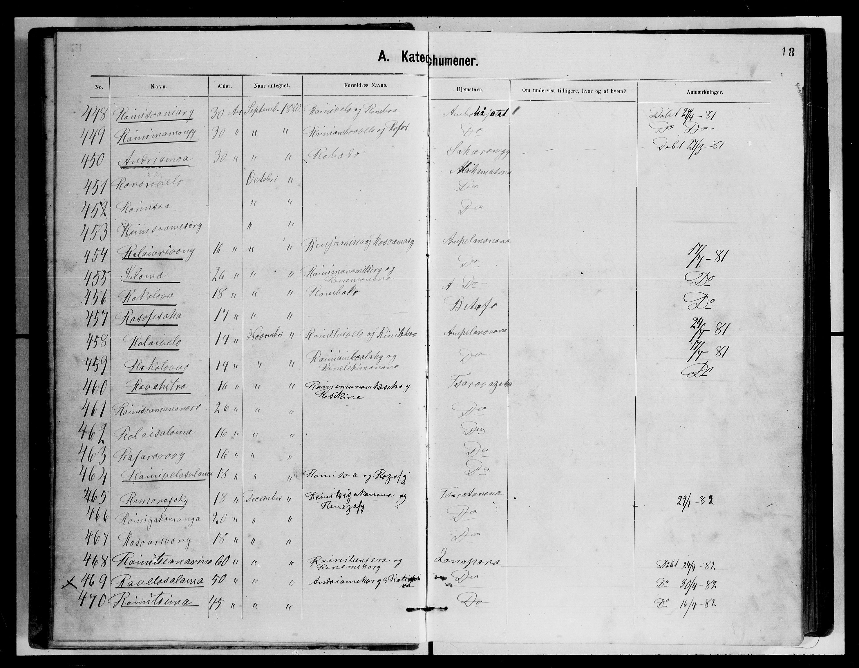 Archives FLM/NMS, Madagaskar, VID/MA-A-1163/D/Db/L0269: Parish register (official) no. 1, 1867-1884, p. 18