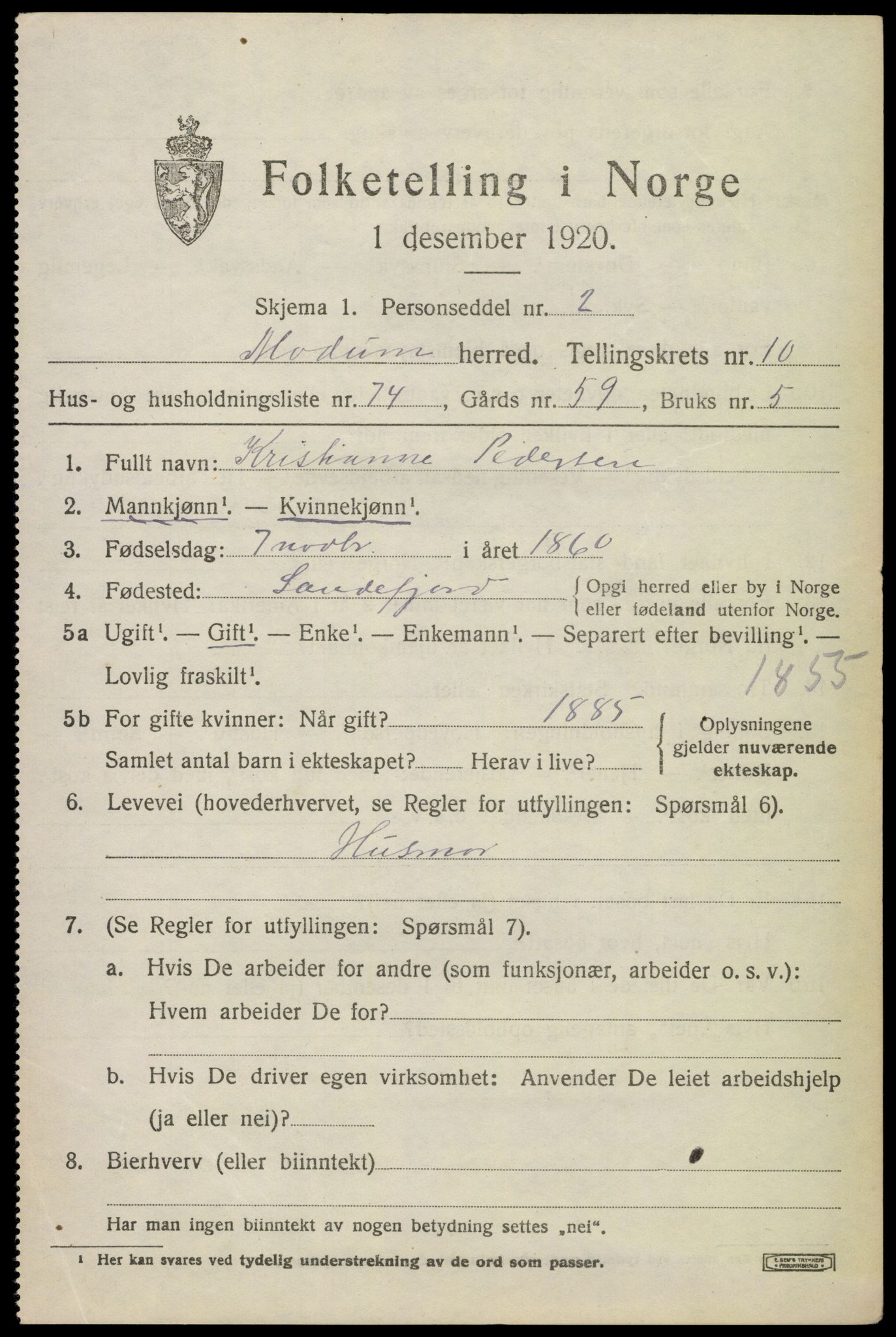 SAKO, 1920 census for Modum, 1920, p. 13739