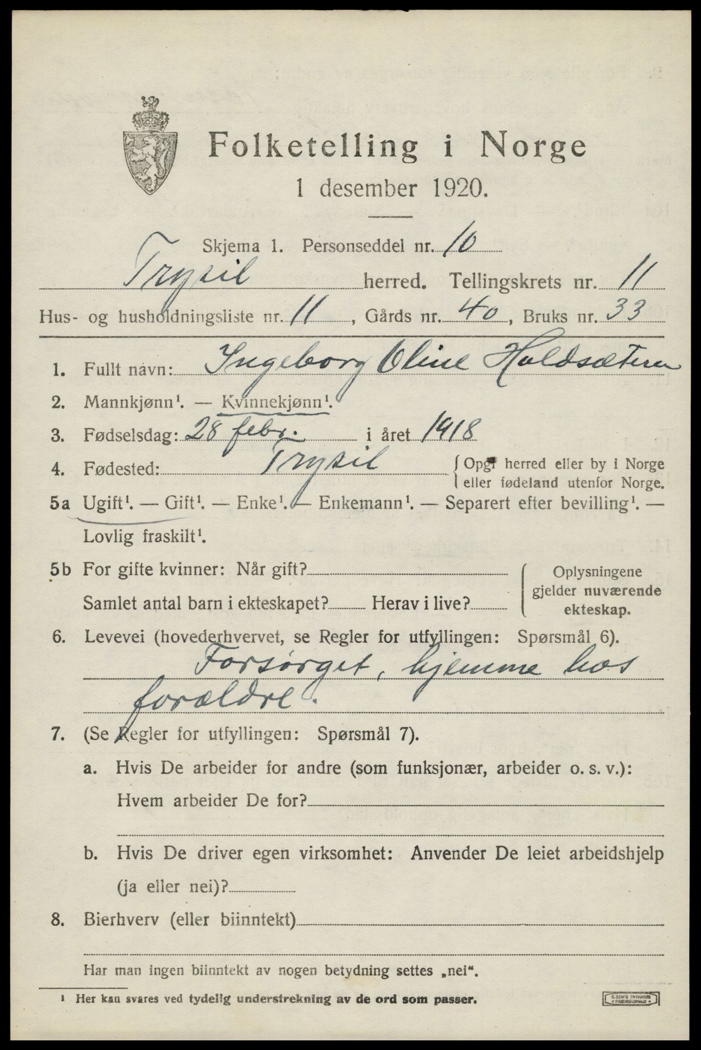 SAH, 1920 census for Trysil, 1920, p. 7093