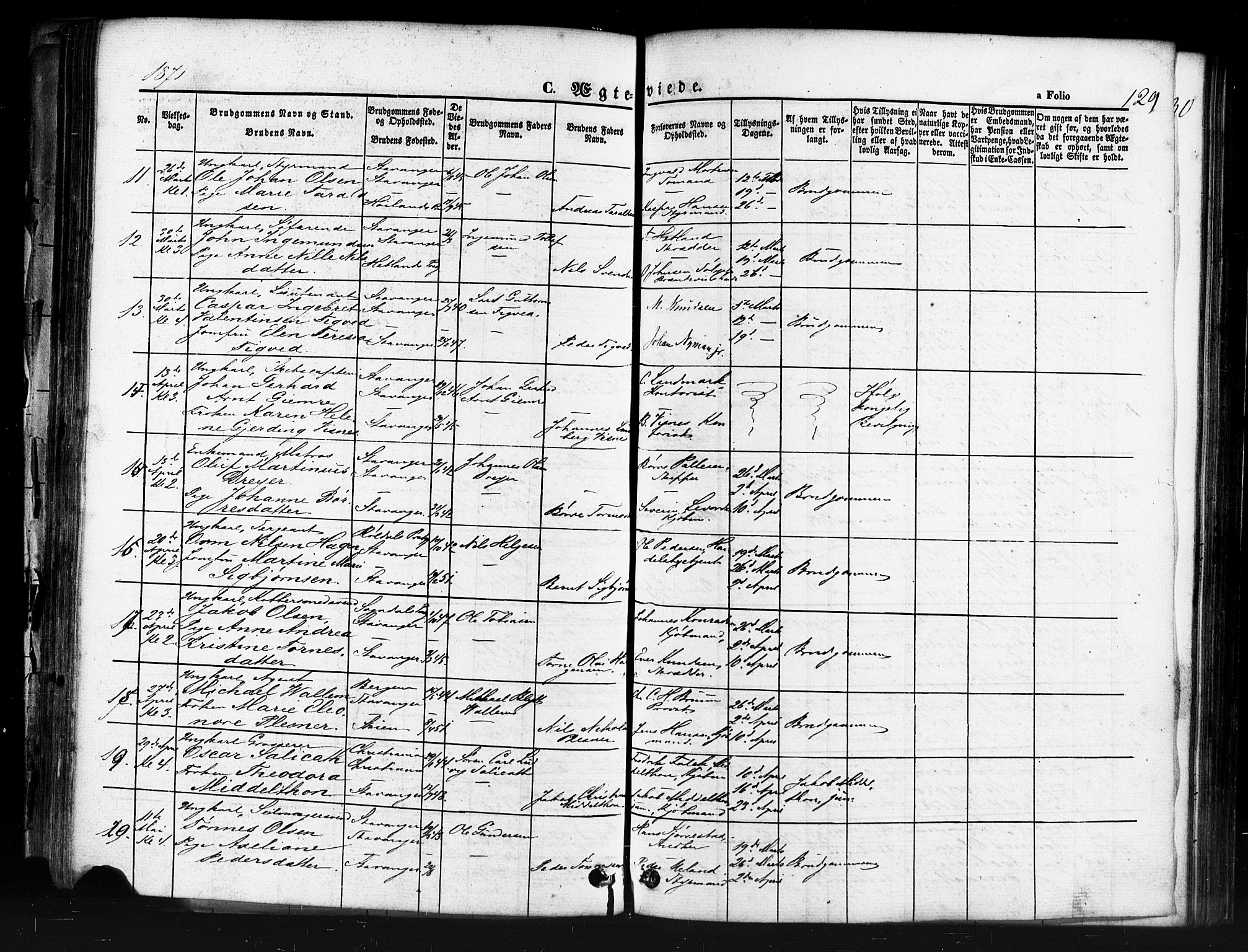 Domkirken sokneprestkontor, AV/SAST-A-101812/001/30/30BB/L0011: Parish register (copy) no. B 11, 1858-1876, p. 129