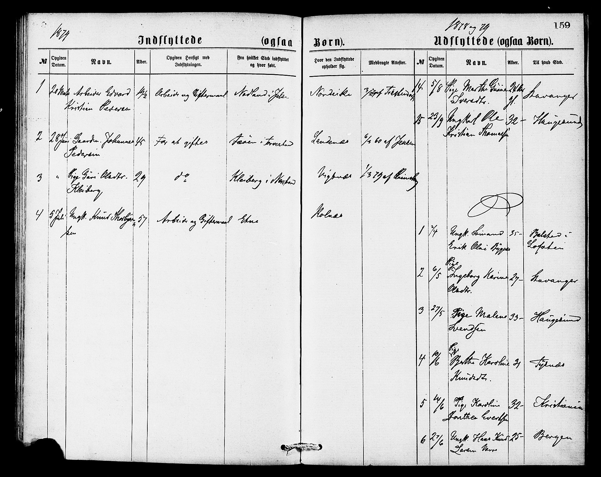 Avaldsnes sokneprestkontor, SAST/A -101851/H/Ha/Haa/L0013: Parish register (official) no. A 13, 1876-1879, p. 159
