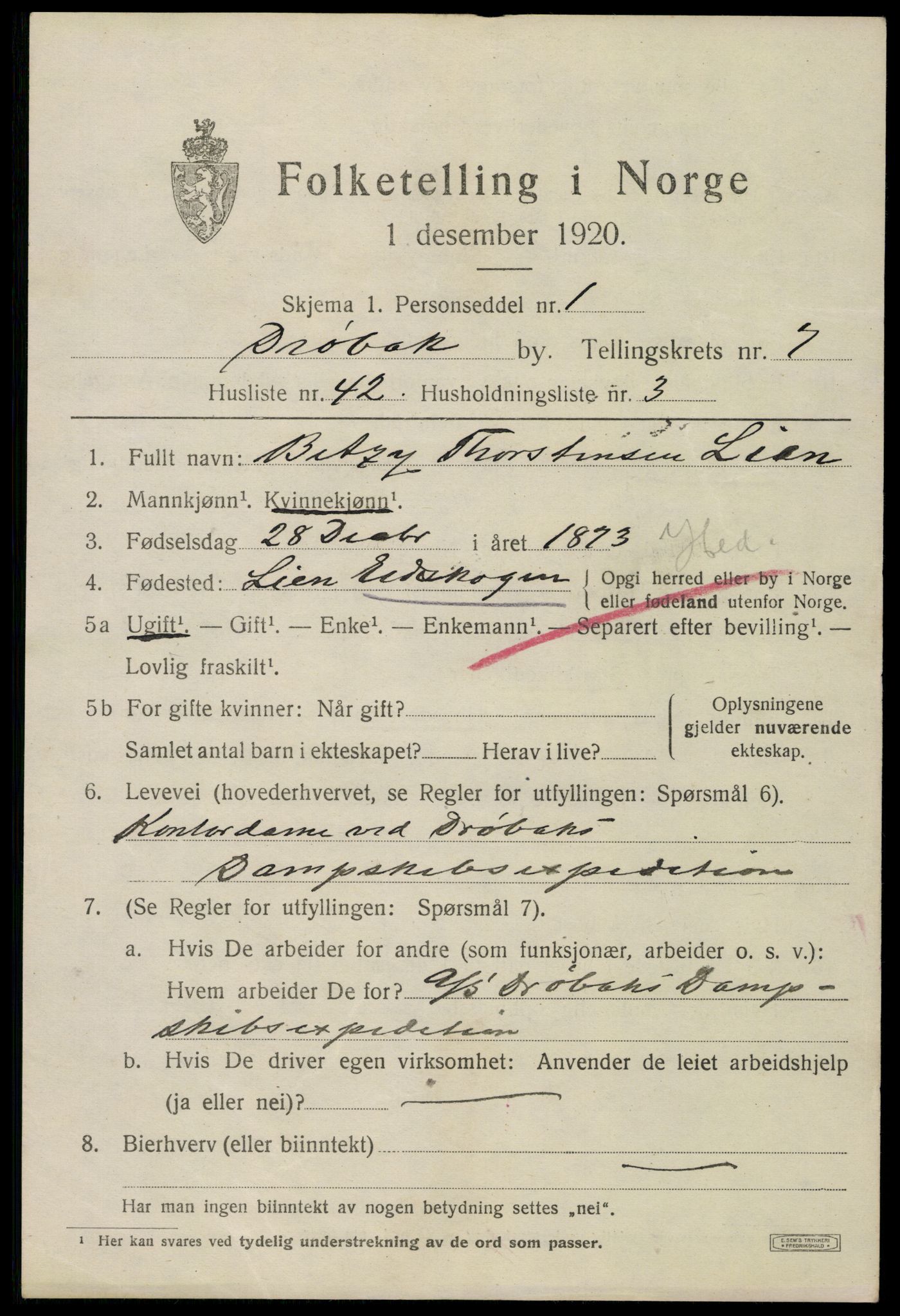SAO, 1920 census for Drøbak, 1920, p. 6031