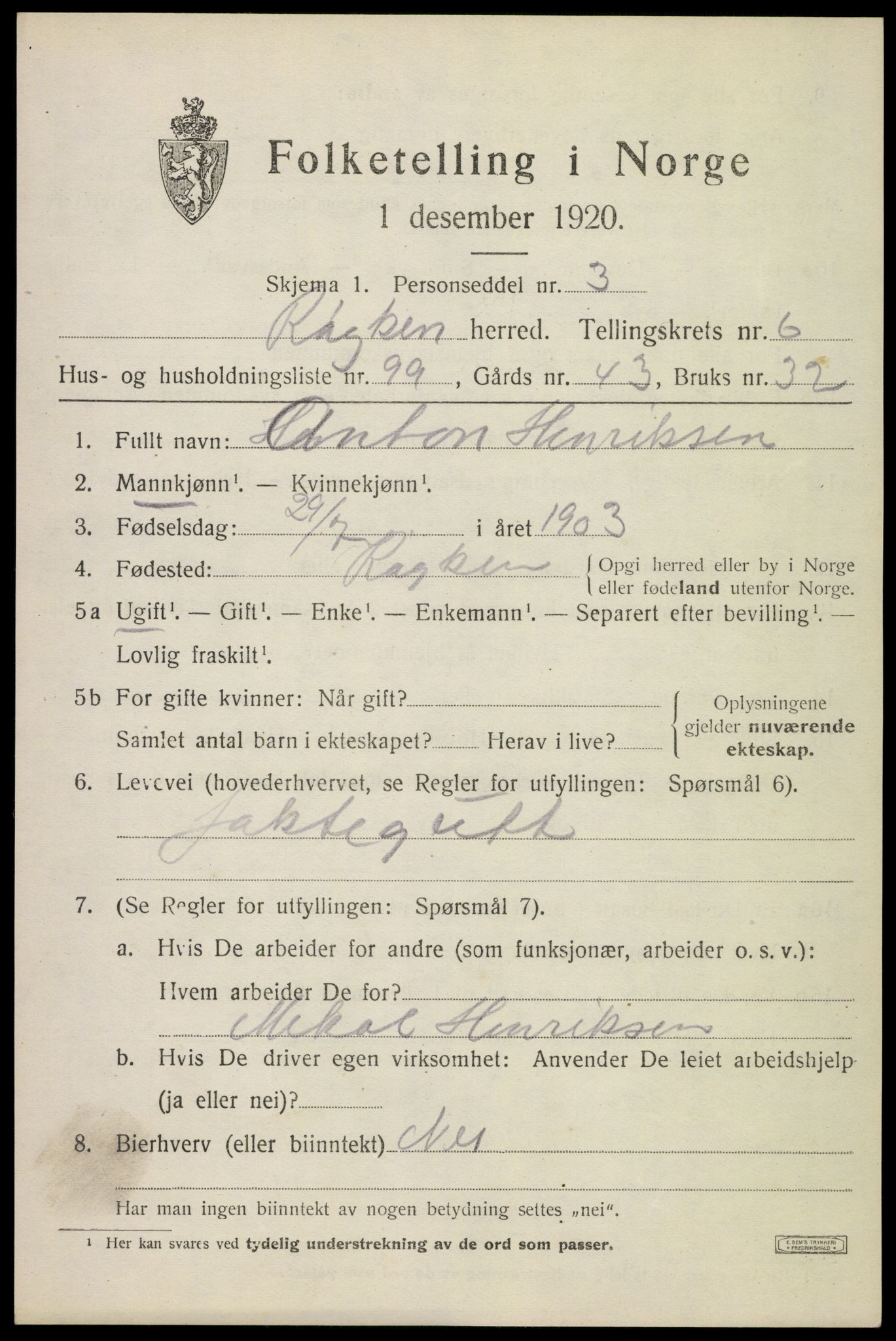 SAKO, 1920 census for Røyken, 1920, p. 10928
