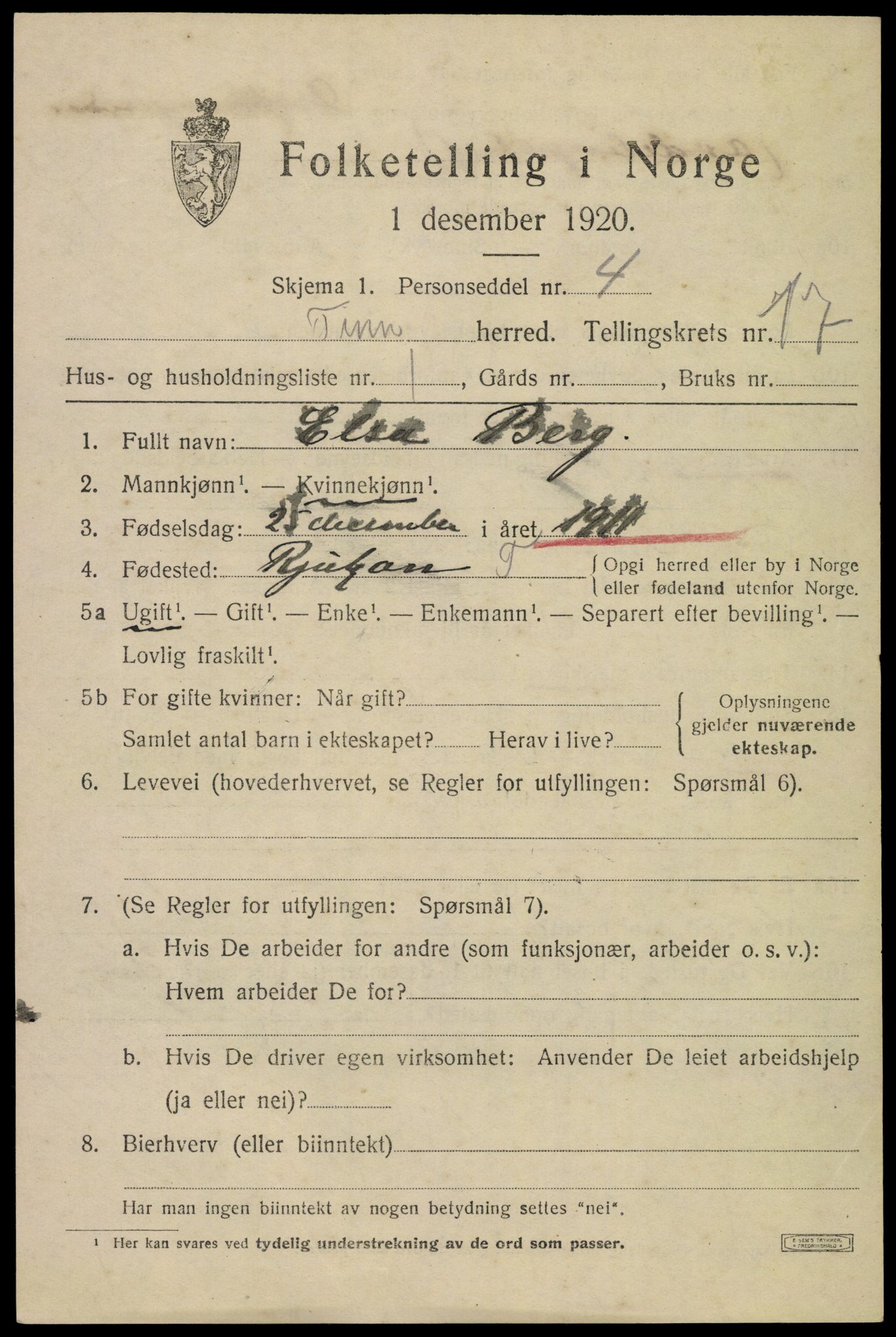 SAKO, 1920 census for Tinn, 1920, p. 18564