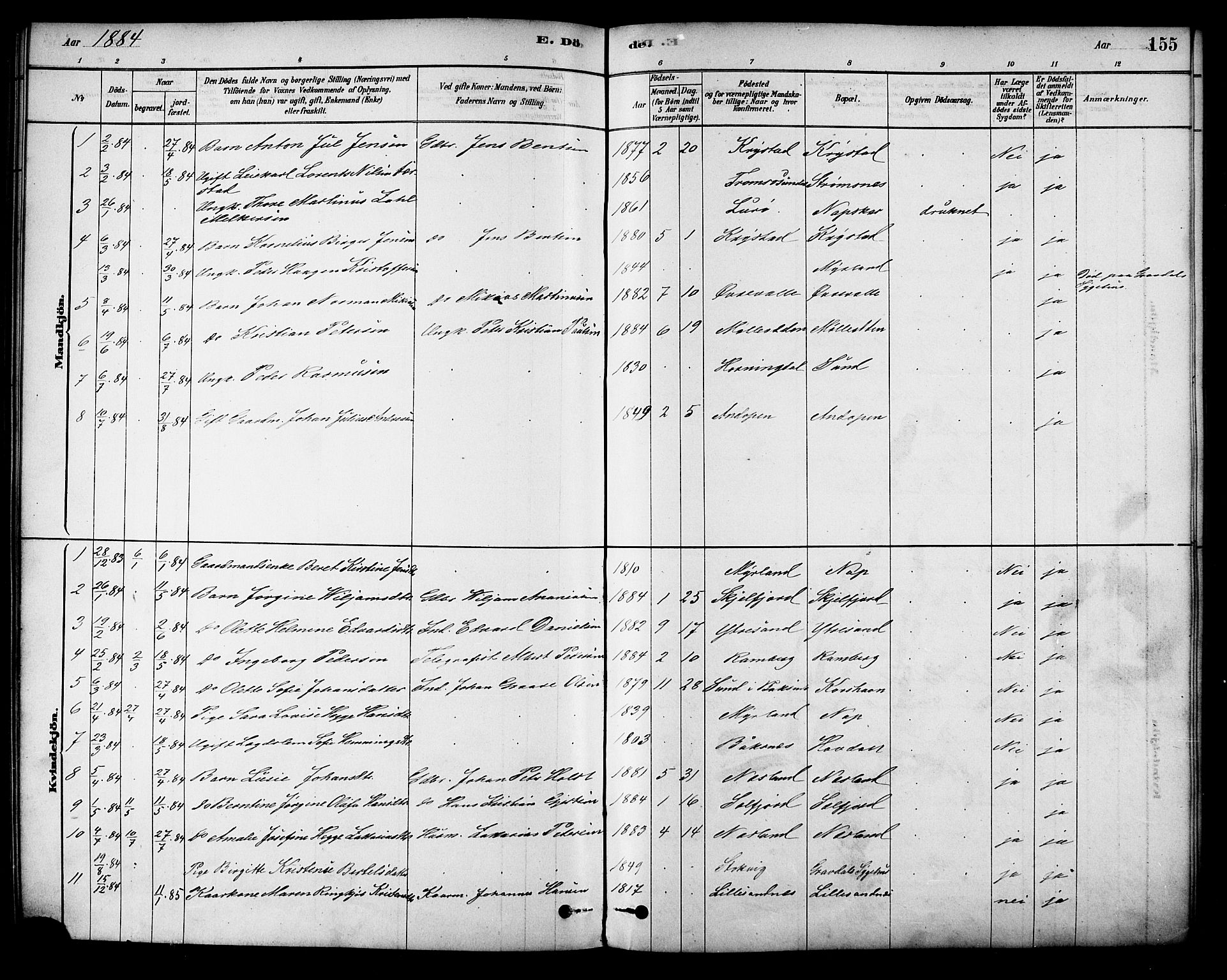 Ministerialprotokoller, klokkerbøker og fødselsregistre - Nordland, SAT/A-1459/885/L1204: Parish register (official) no. 885A05, 1878-1892, p. 155