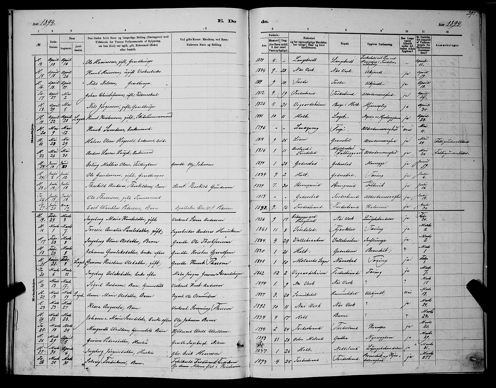 Holt sokneprestkontor, SAK/1111-0021/F/Fb/L0010: Parish register (copy) no. B 10, 1883-1896, p. 295