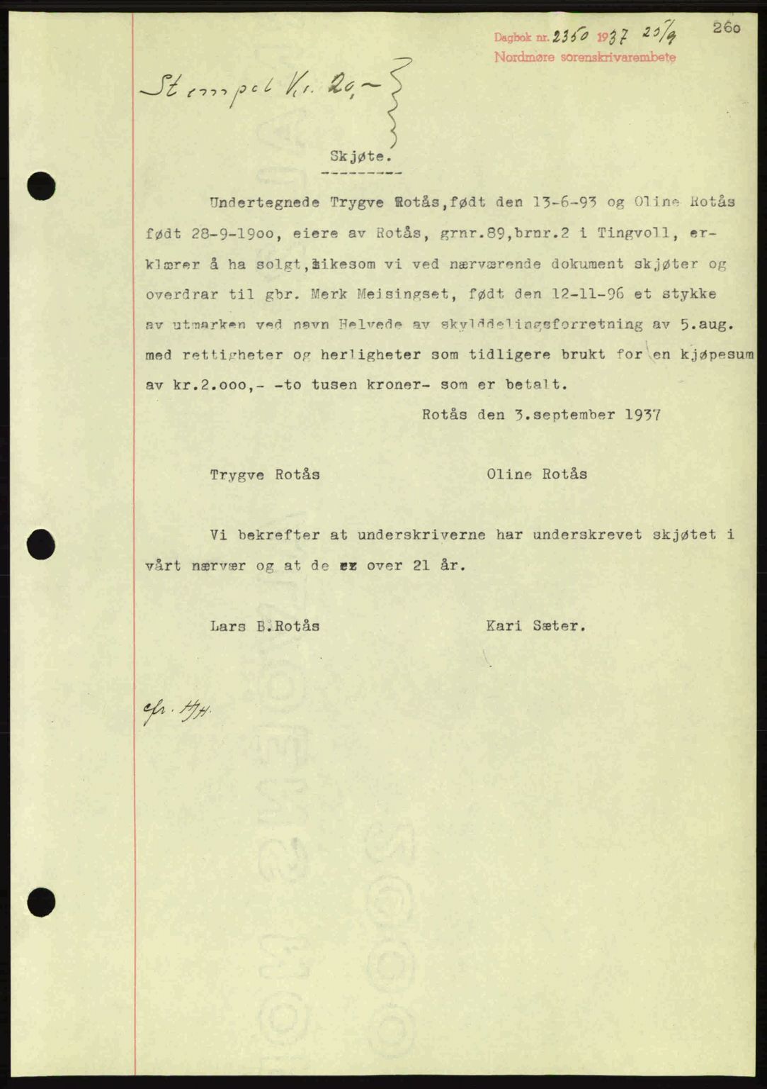 Nordmøre sorenskriveri, SAT/A-4132/1/2/2Ca: Mortgage book no. A82, 1937-1938, Diary no: : 2350/1937